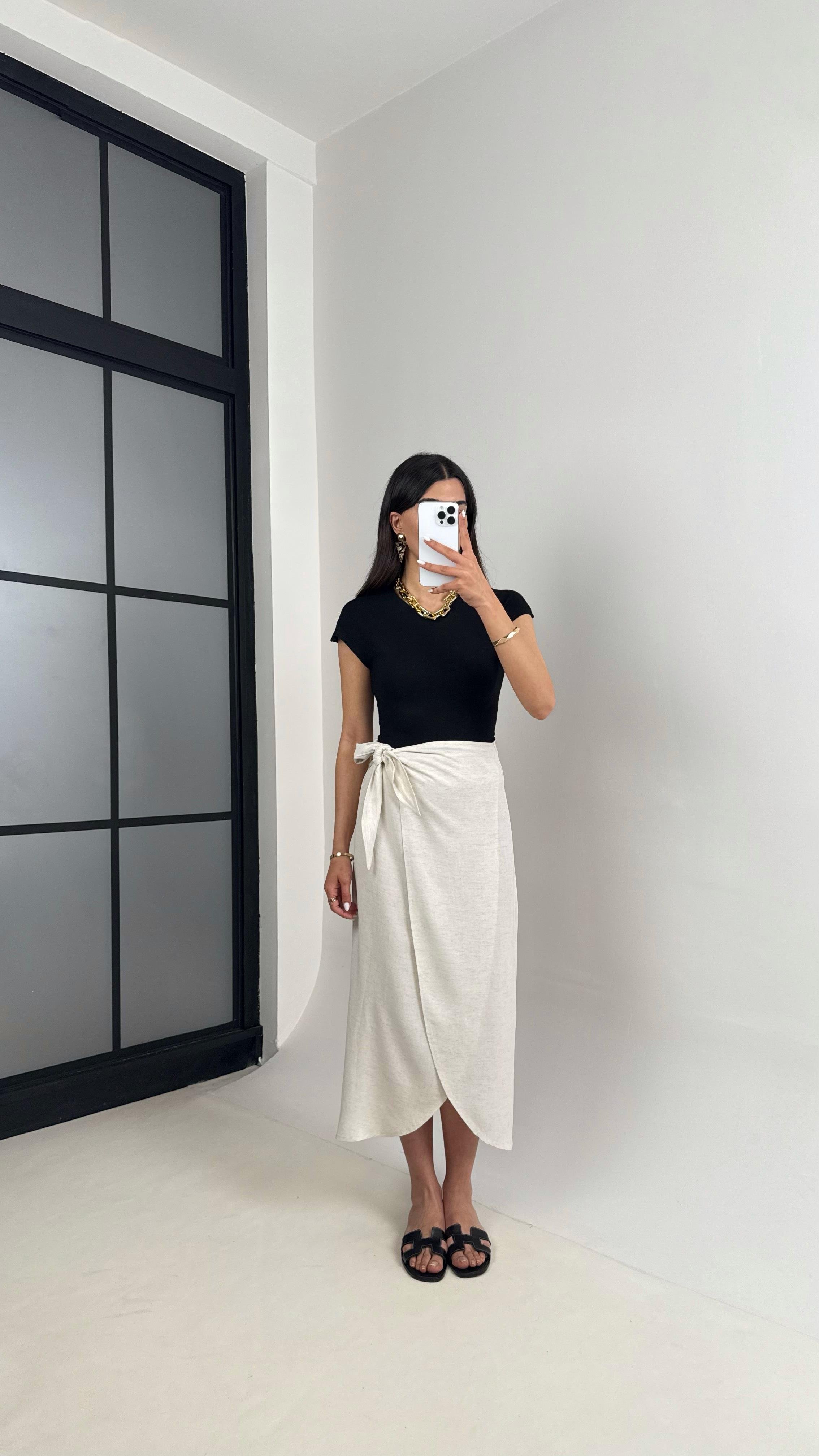 Taş Önden Bağlamalı Yırtmaçlı Keten Etek Gaus00432GausSkirtGU1002002