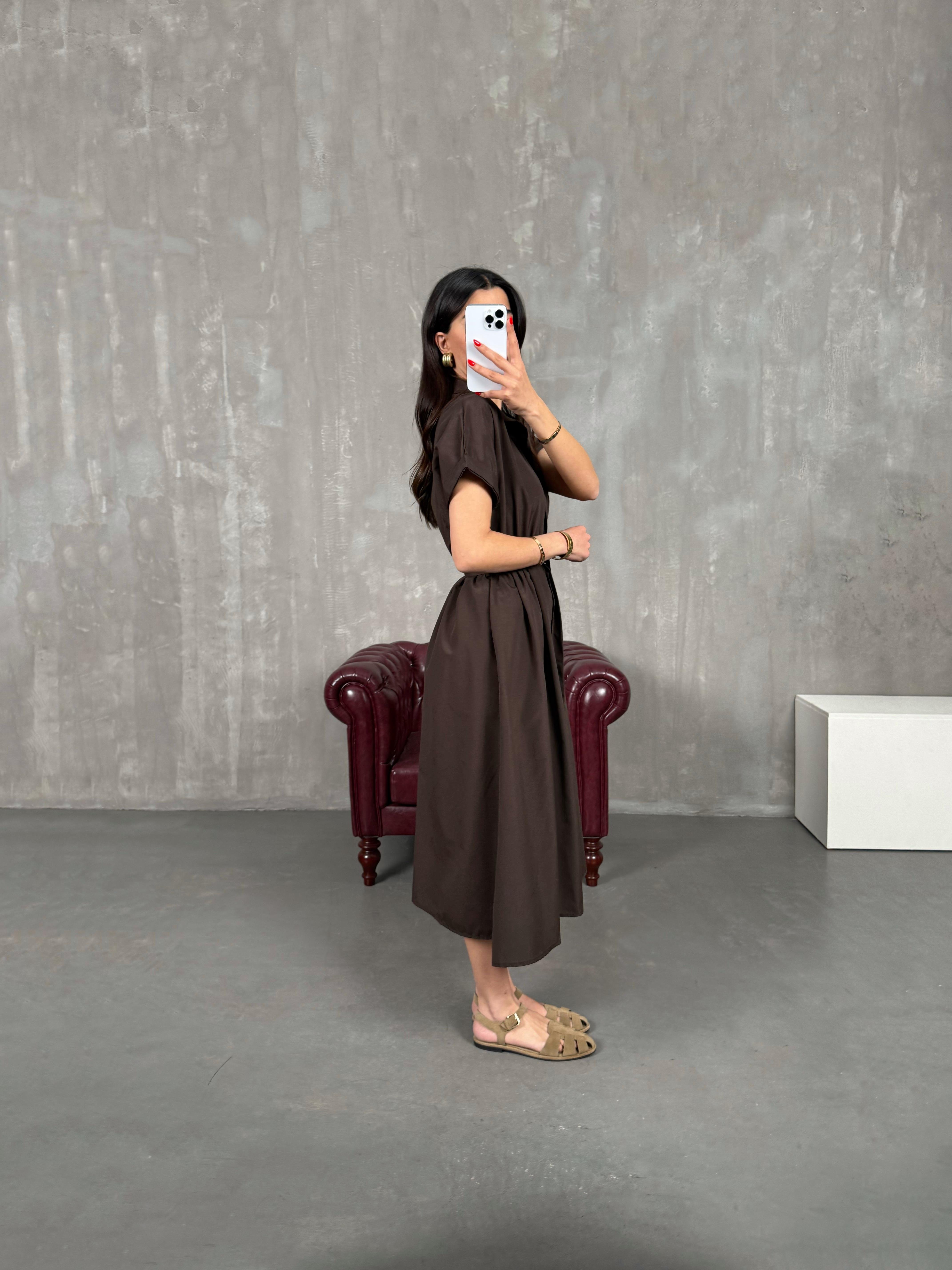 Acı Kahve Ön Düğmeli Kuşaklı Beli Lastikli Gömlek Yaka Elbise Gaus00178GausDressesGU1001411
