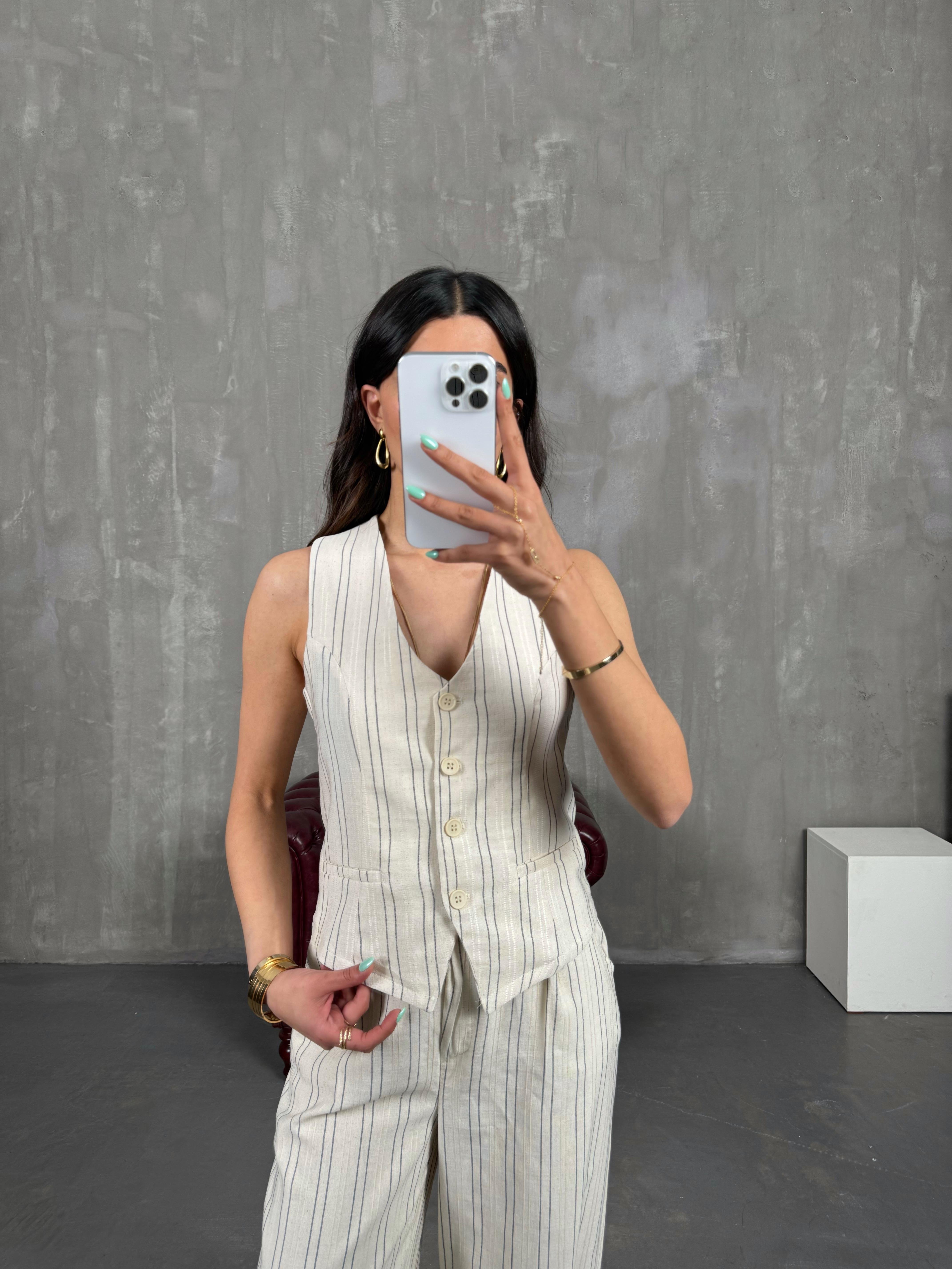 Taş Siyah Çizgili Yelekli Keten Takım Gaus00231GausTAKIMGU1001531