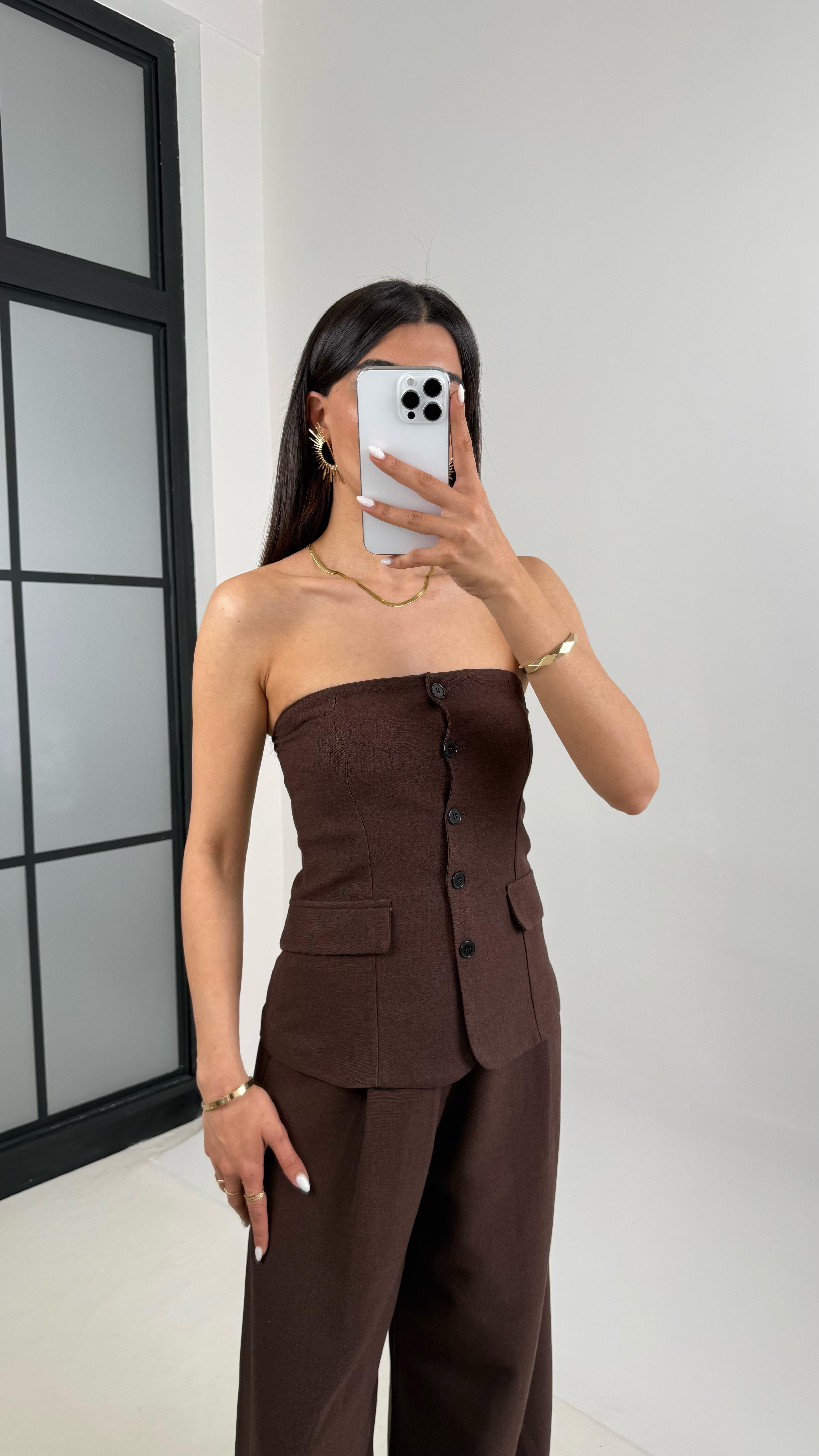 Acı Kahve Straplez Düğmeli Üst Cepli Pantolon İkili Keten Tasarım Takım Gaus00440GausTAKIMGU1002021