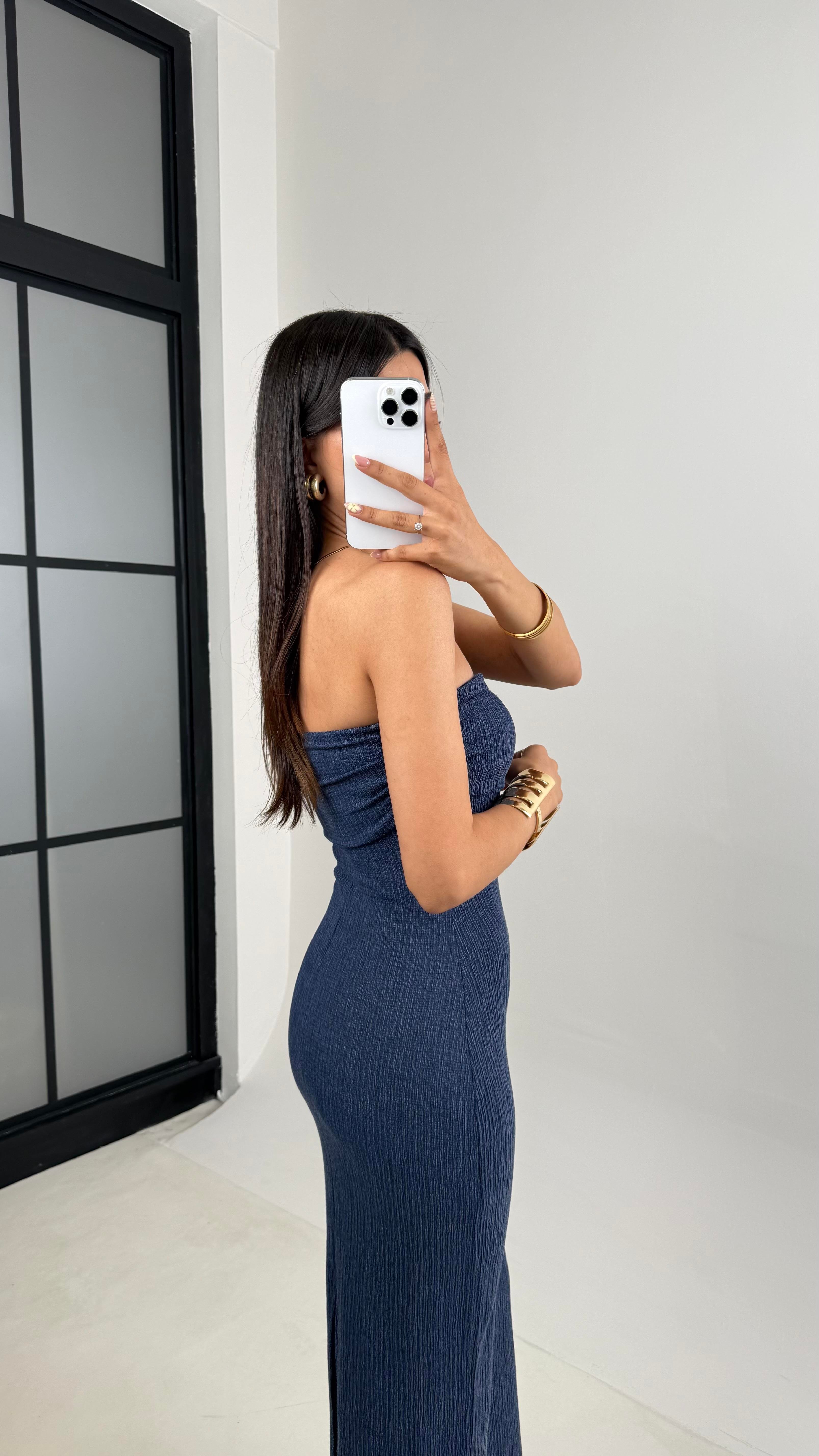 Mavi Straplez Yırtmaçlı Bürümcük Elbise Gaus00645GausELBİSEGU1002498