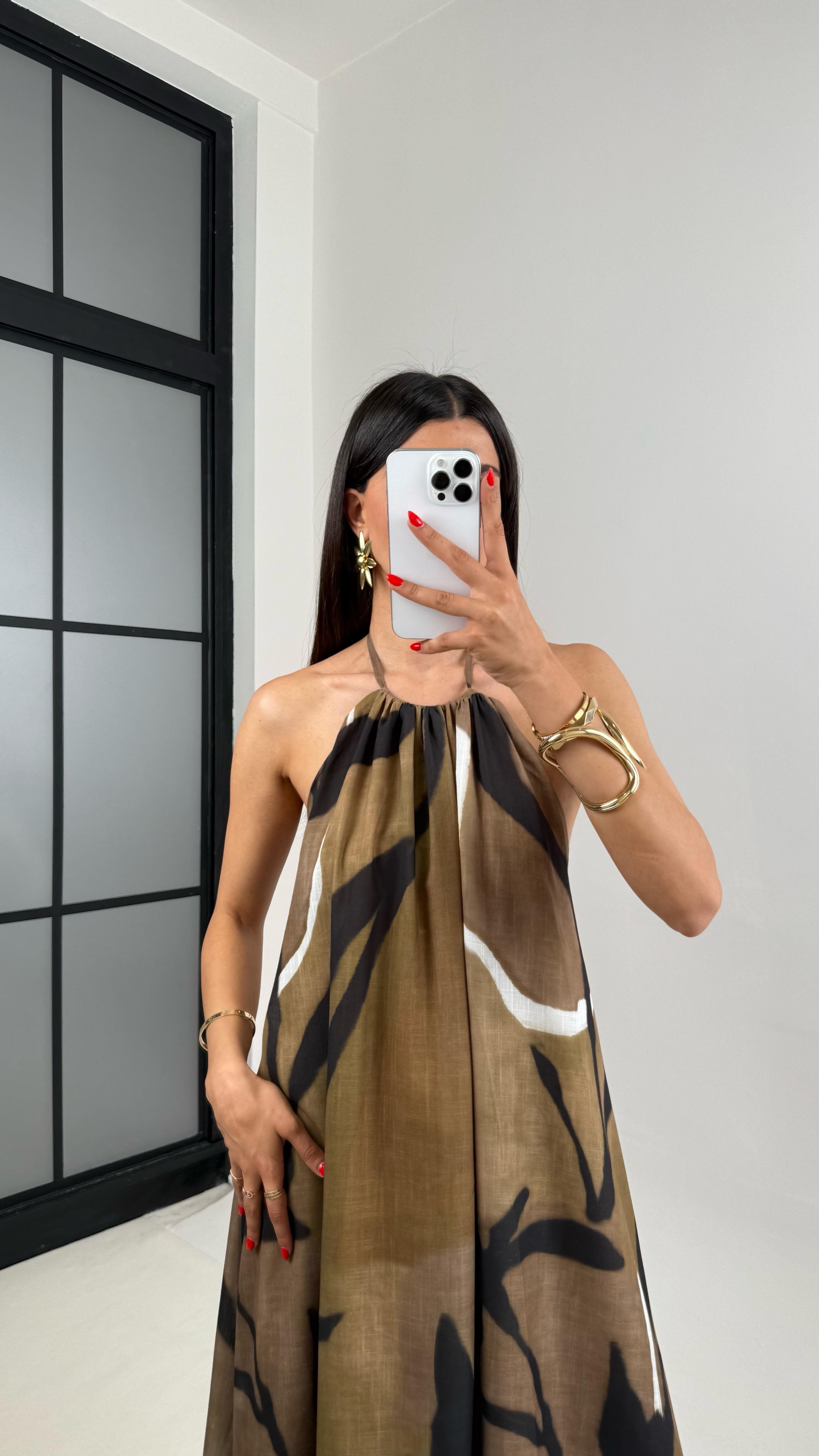 Haki Desenli Boyundan Bağlamalı Astarlı Keten Elbise Gaus00502GausELBİSEGU1002178