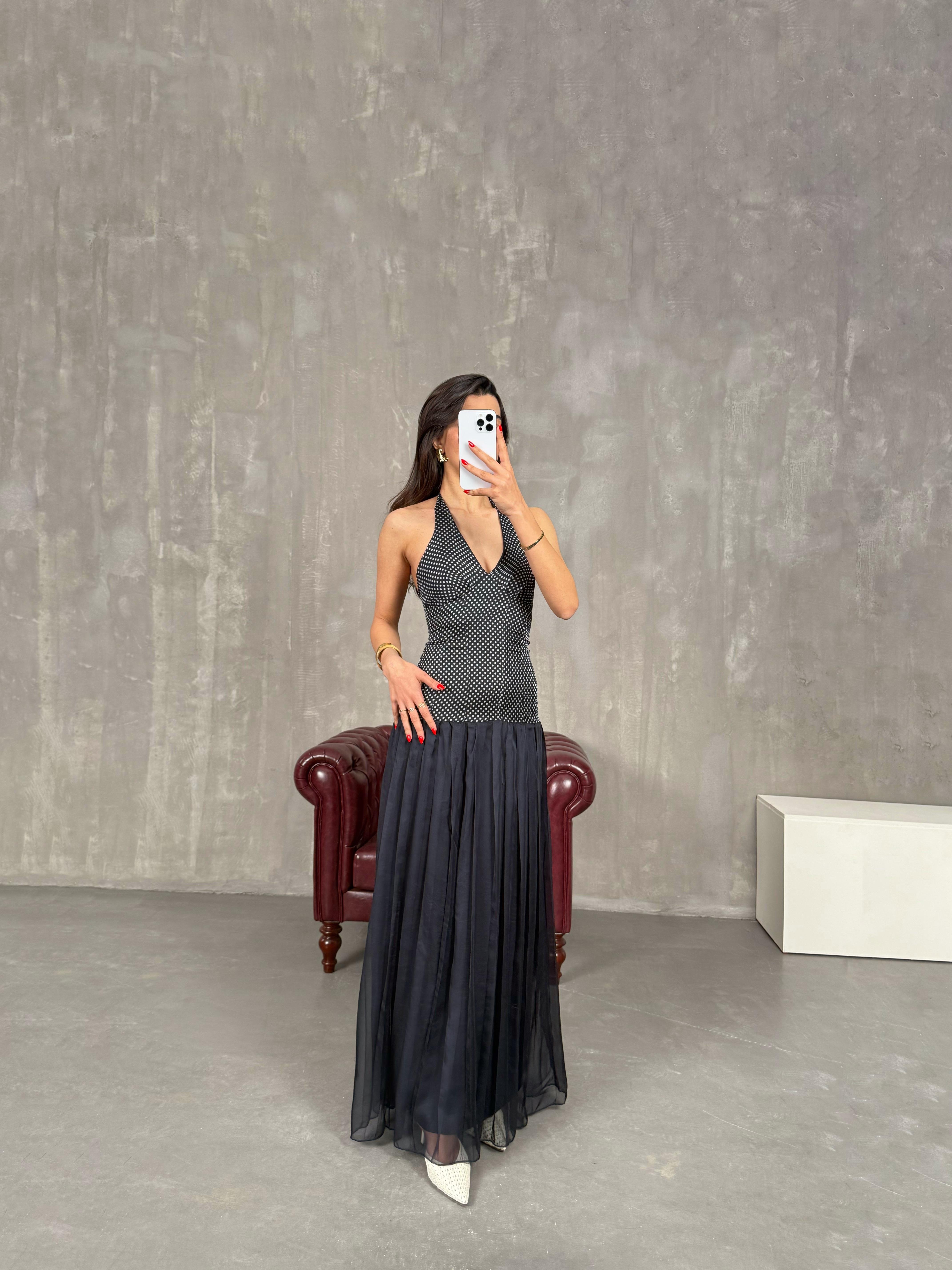 Lacivert Boyundan Bağlamalı Pileli Astarlı Elbise Gaus00215GausELBİSEGU1001498