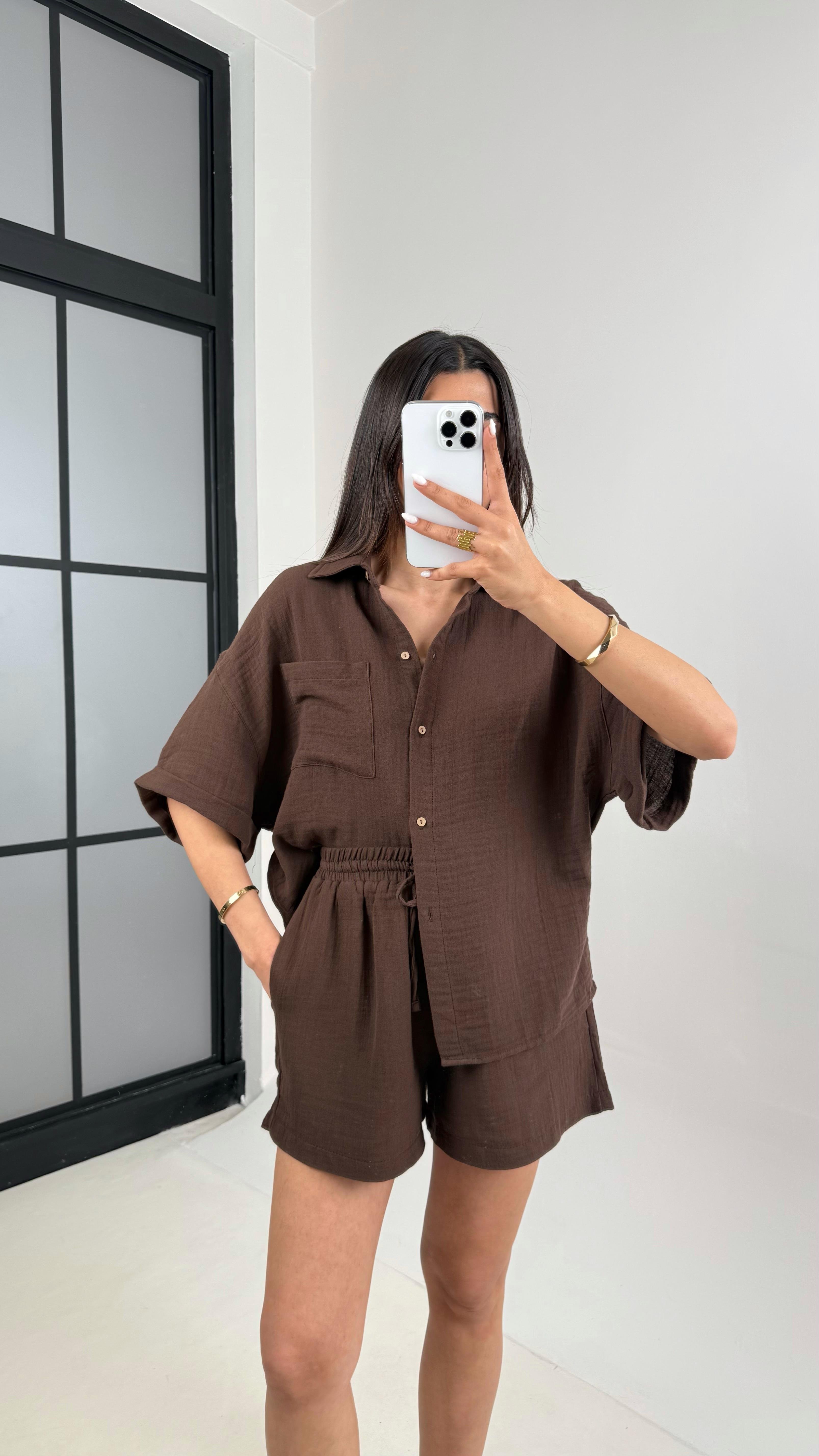 Acı Kahve Cepli Gömlek Beli Lastikli Şort Müslin Takım Gaus00445GausTAKIMGU1002038
