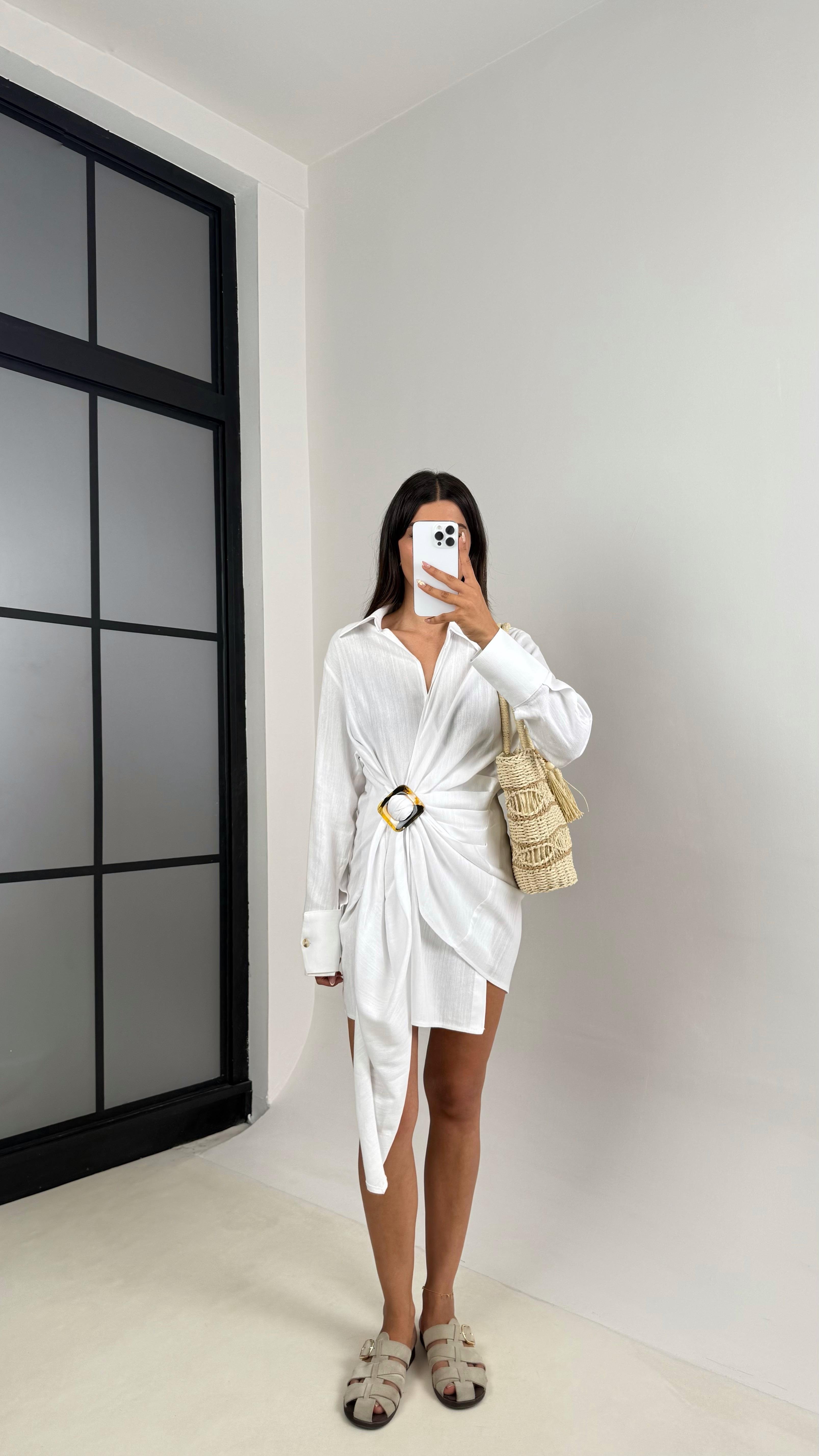 Beyaz Toka Detaylı Premium Keten Elbise Gaus00689GausELBİSEGU1002589