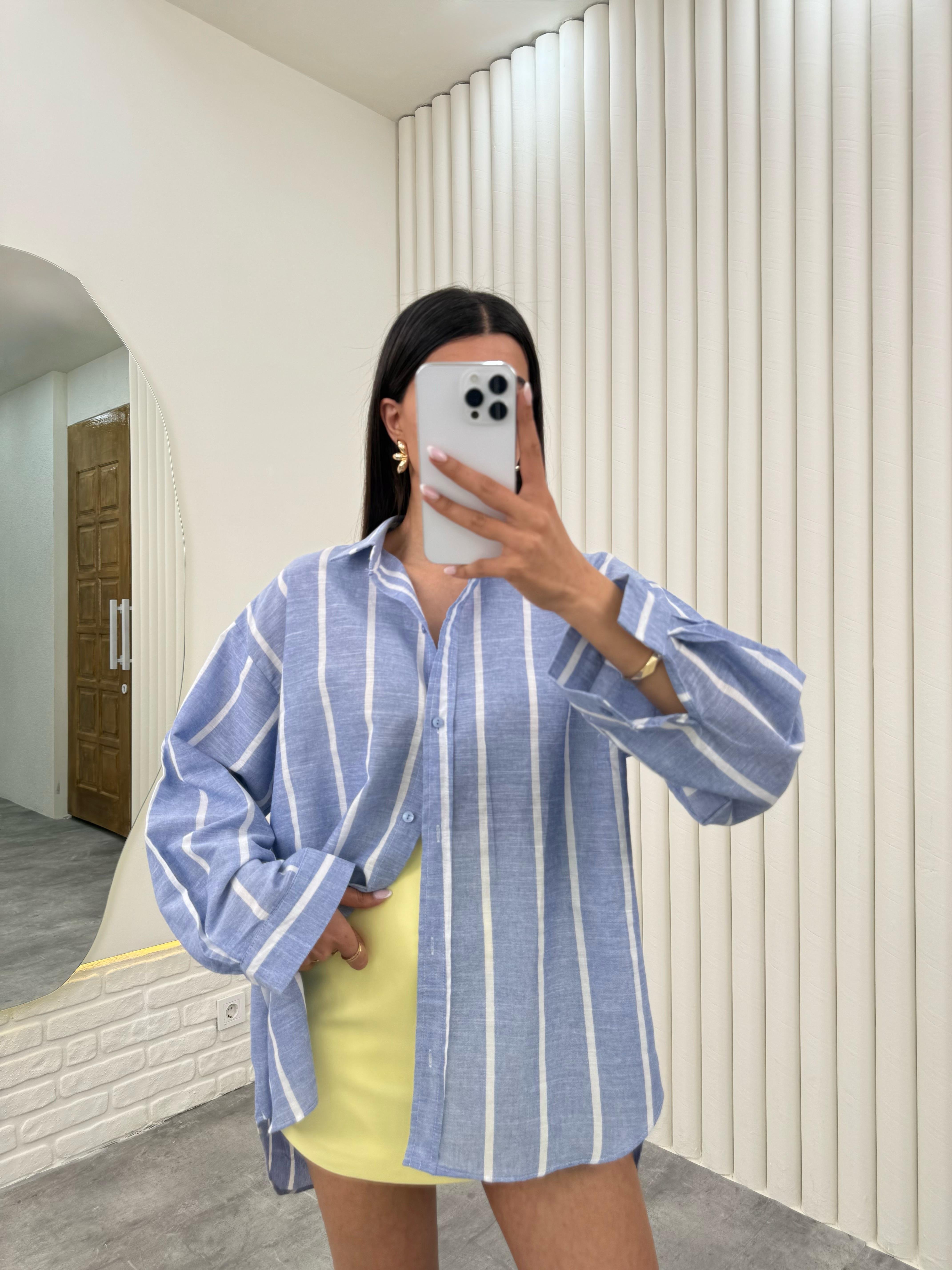 Mavi Beyaz Çizgili Keten Gömlek Gaus00278GausGÖMLEKGU1001645