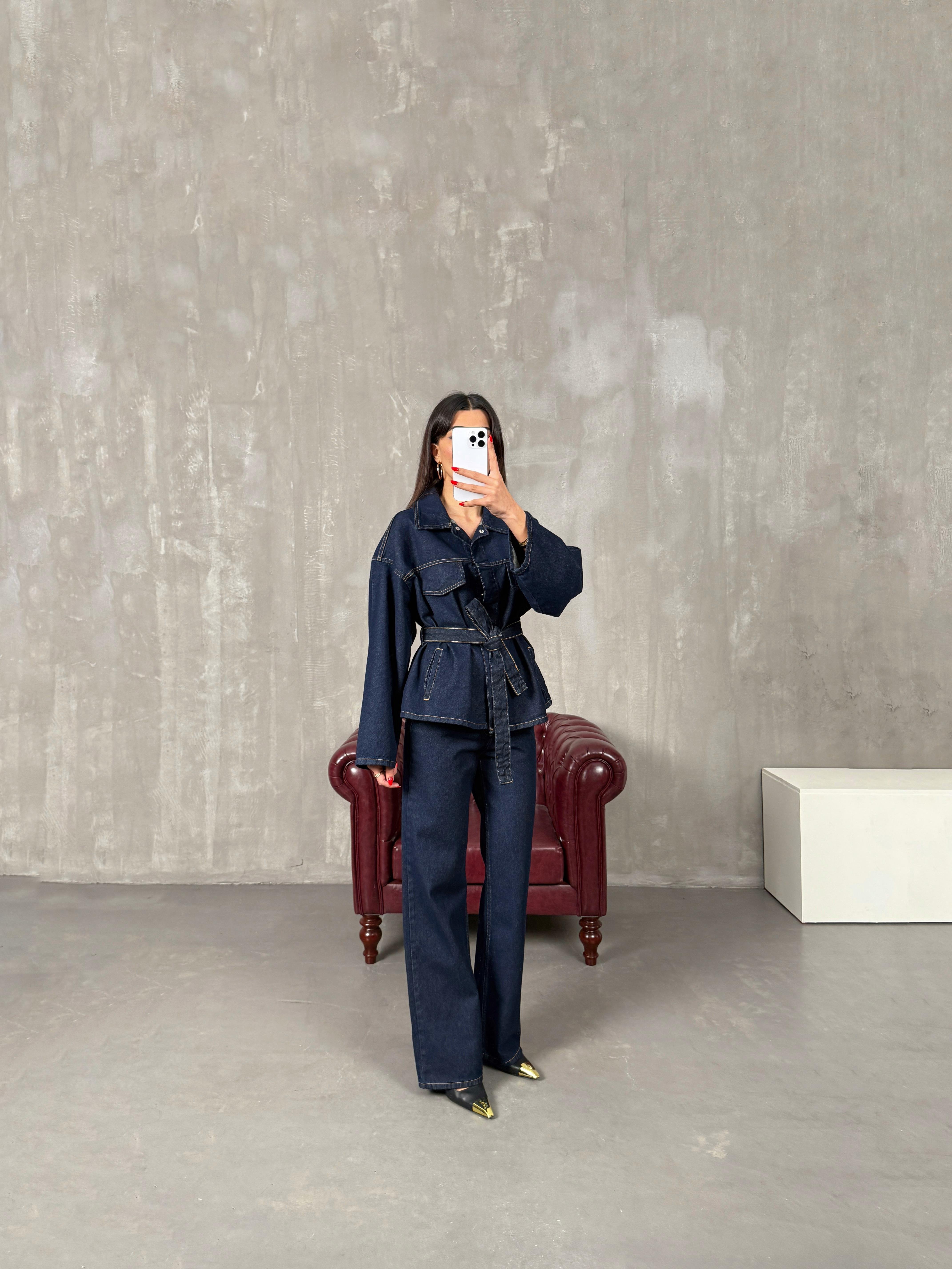 Vanola Lacivert Belden Kuşaklı Tasarım Premium Denim Takım GausTAKIMGU100491