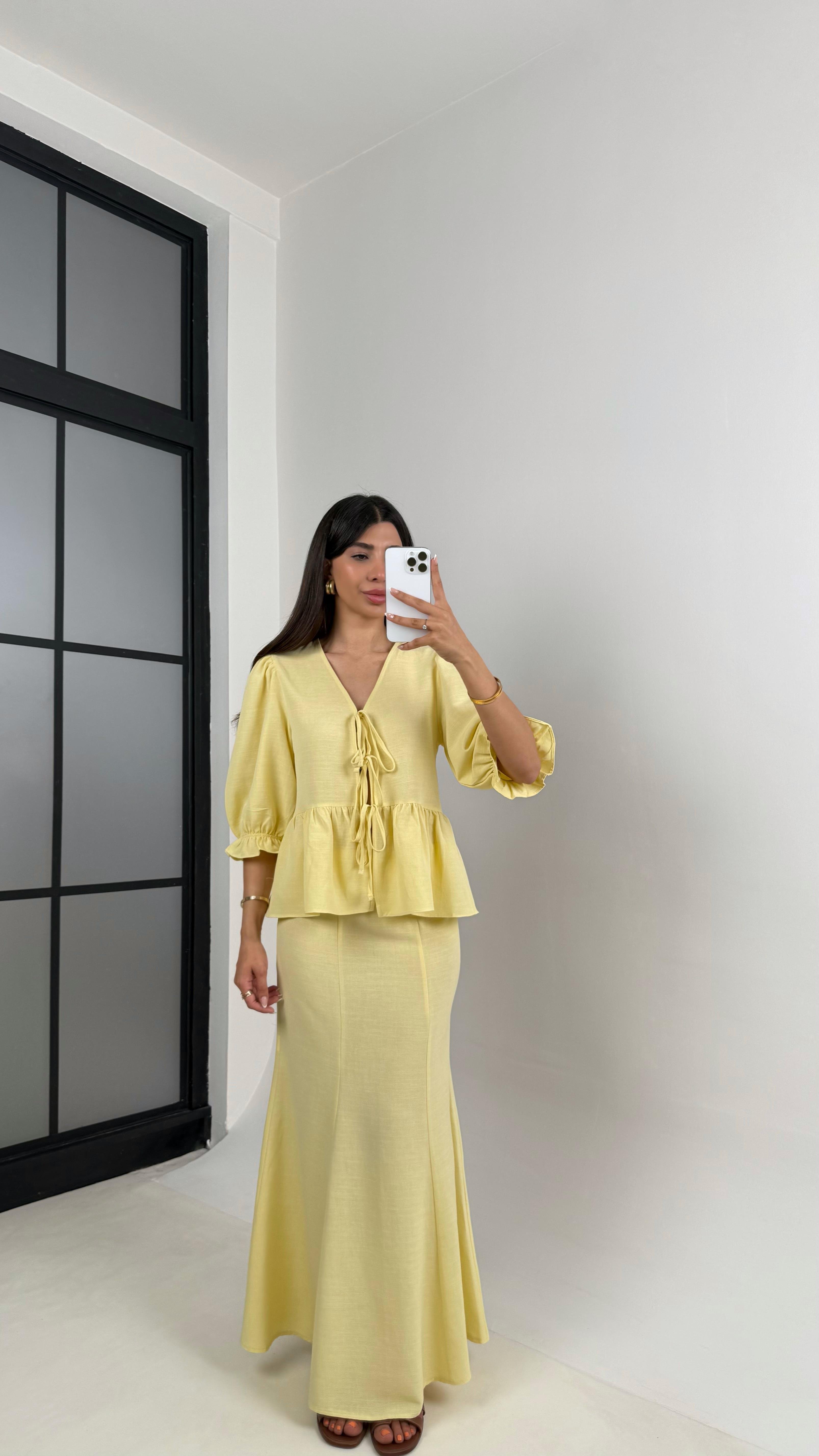 Sarı Önden Bağlama Detaylı Balon Kol Bluz Etek İkili Pinterest Keten Takım Gaus00570 GausTAKIMGU1002330