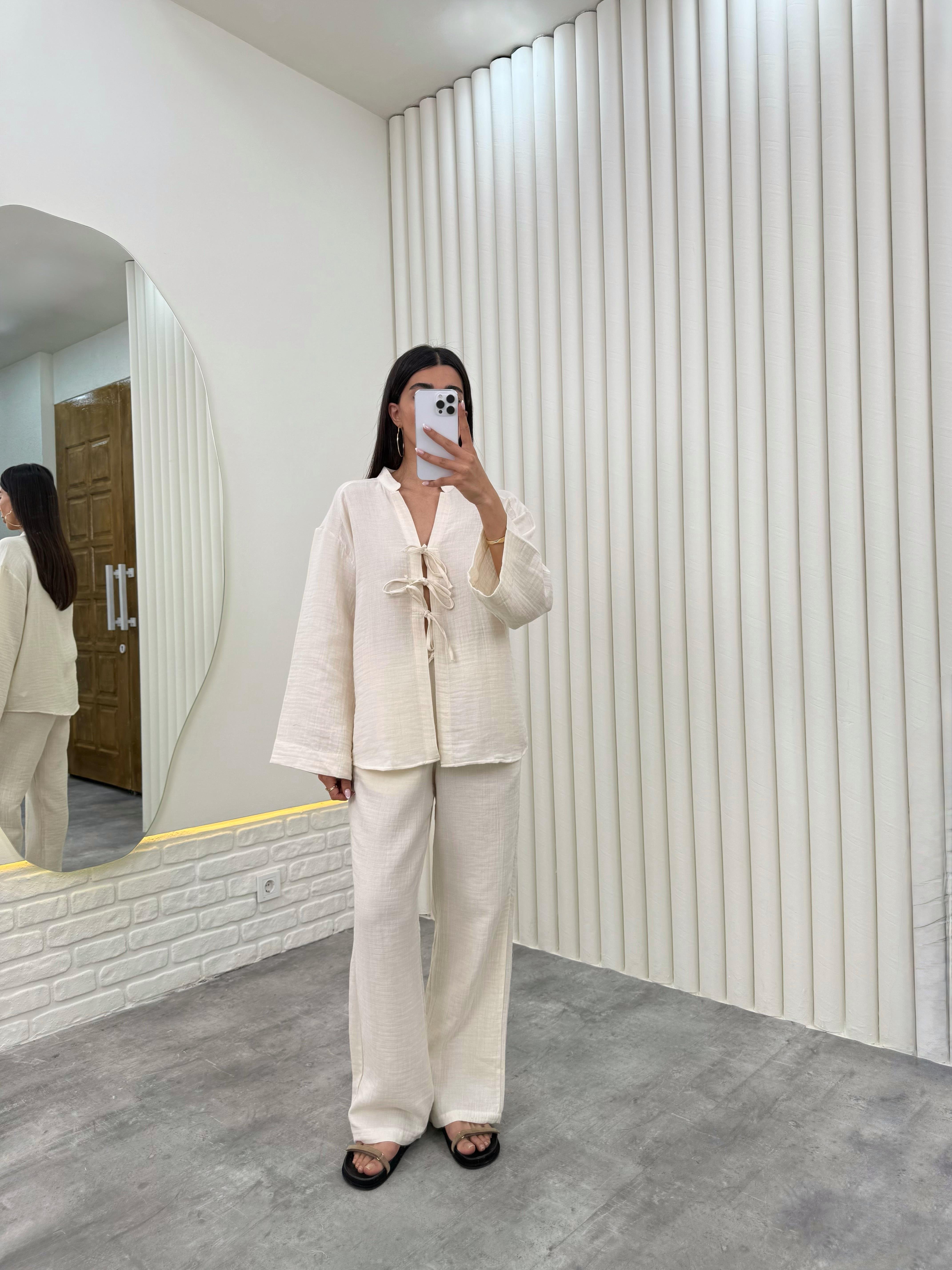 Ekru Önü Bağlamalı Beli Lastikli Müslin Kumaş Takım Gaus00282GausTAKIMGU1001656