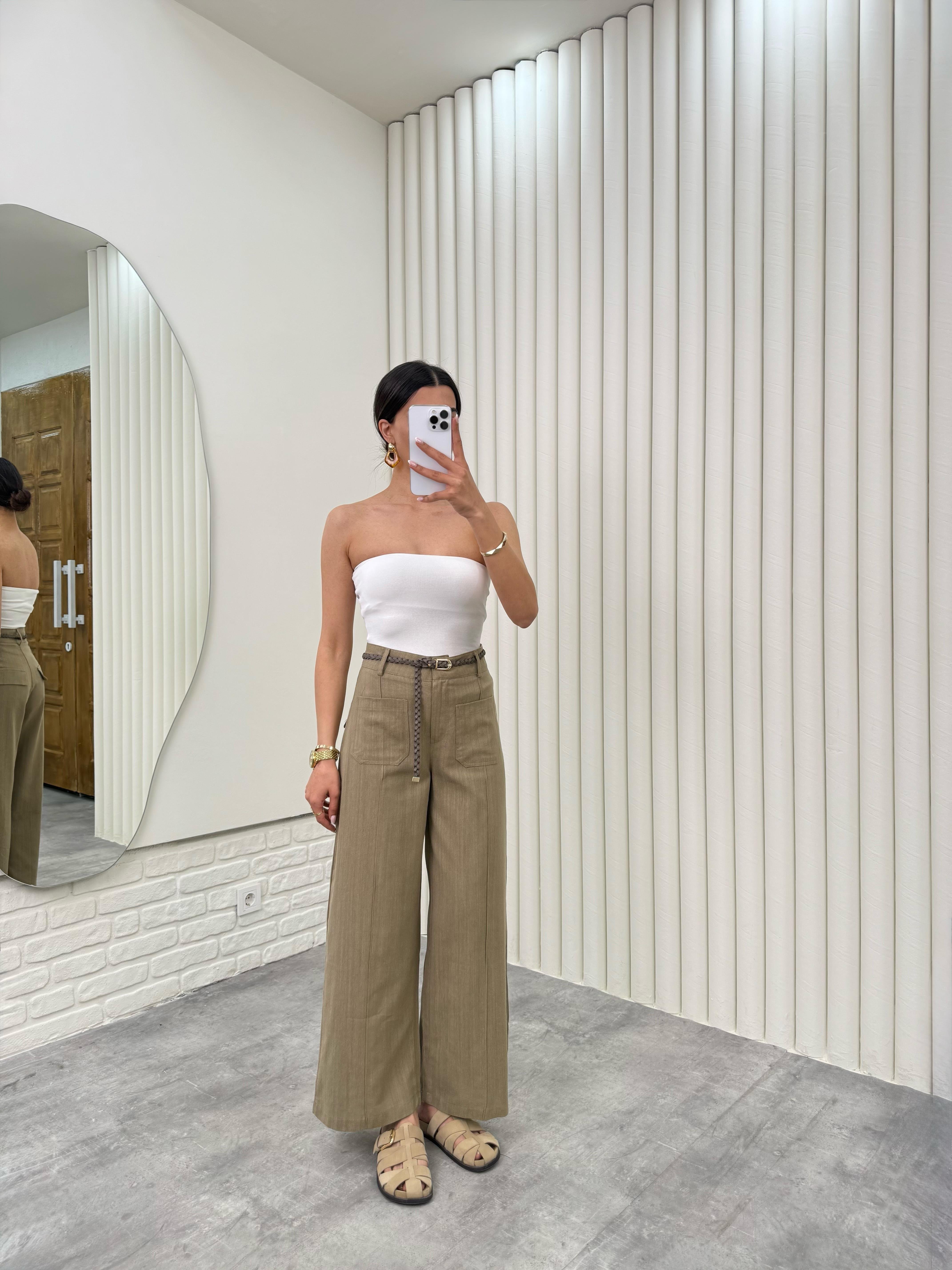 Haki Örgü Kemerli Cepli Keten Pantolon Gaus00332GausPANTOLONGU1001771