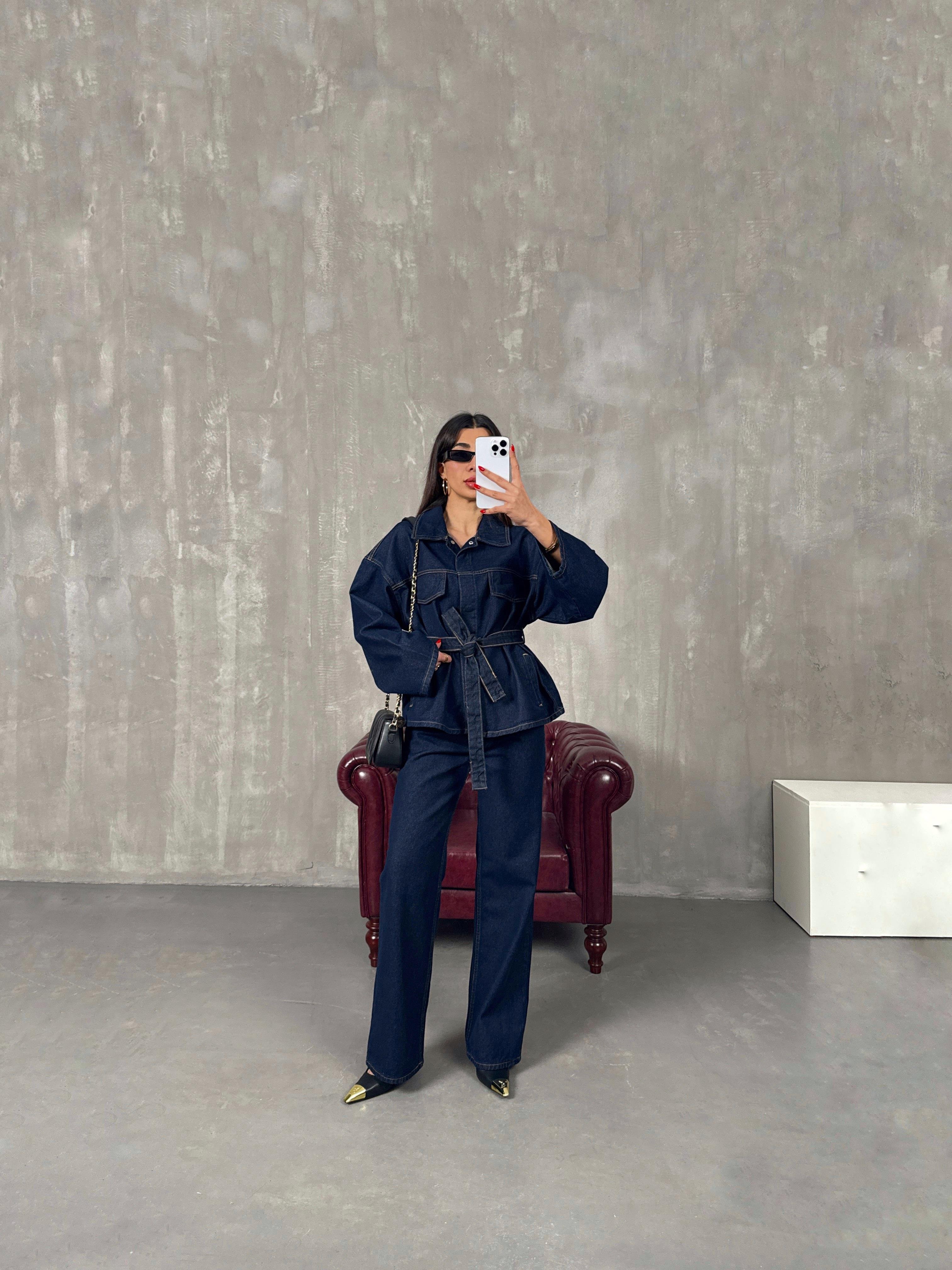 Vanola Lacivert Belden Kuşaklı Tasarım Premium Denim Takım GausTAKIMGU100491