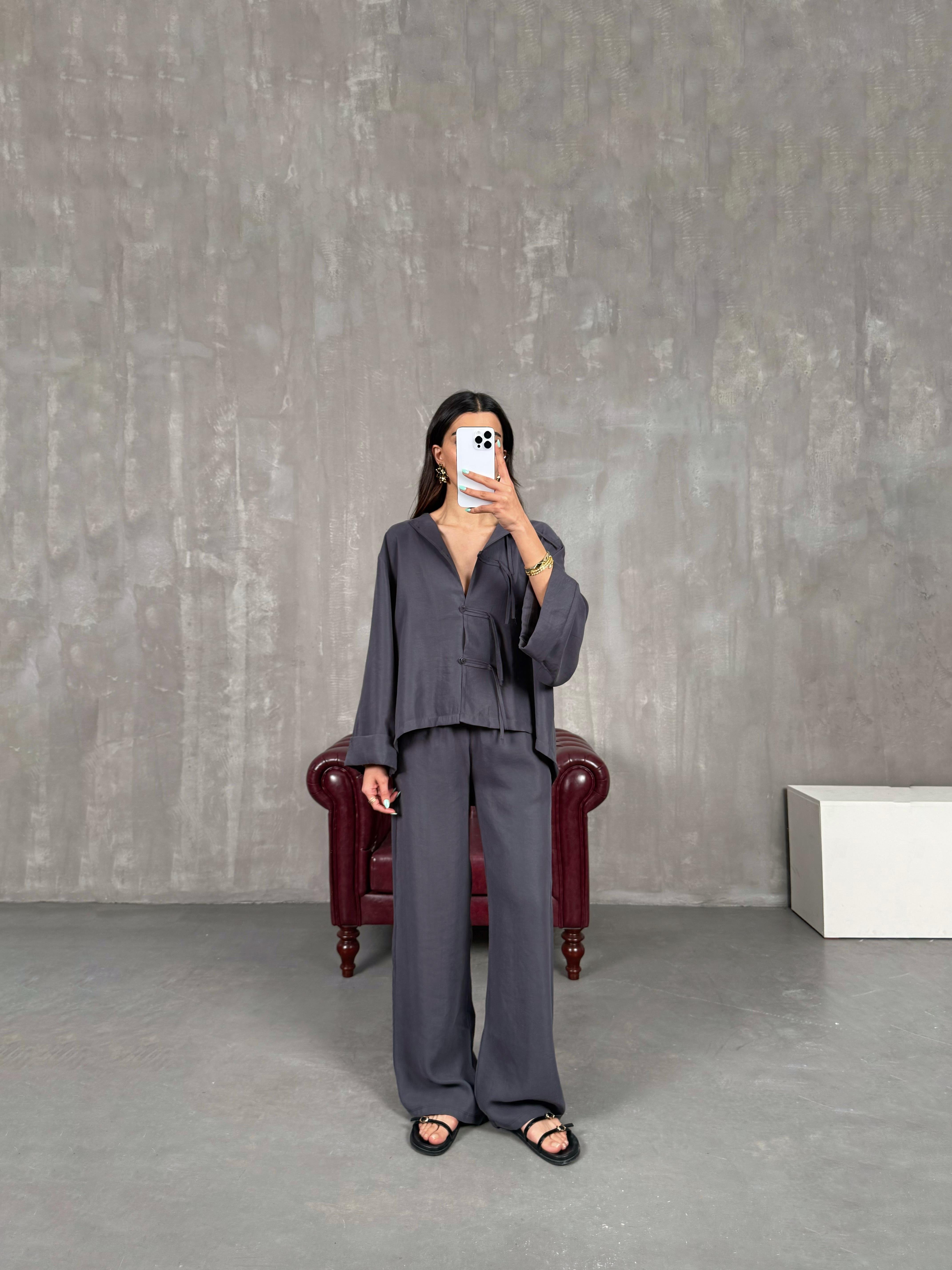 Antrasit Yaka Düğmeli Gömlek Beli Lastikli Pantolon Tensel Takım Gaus00238GausTAKIMGU1001554