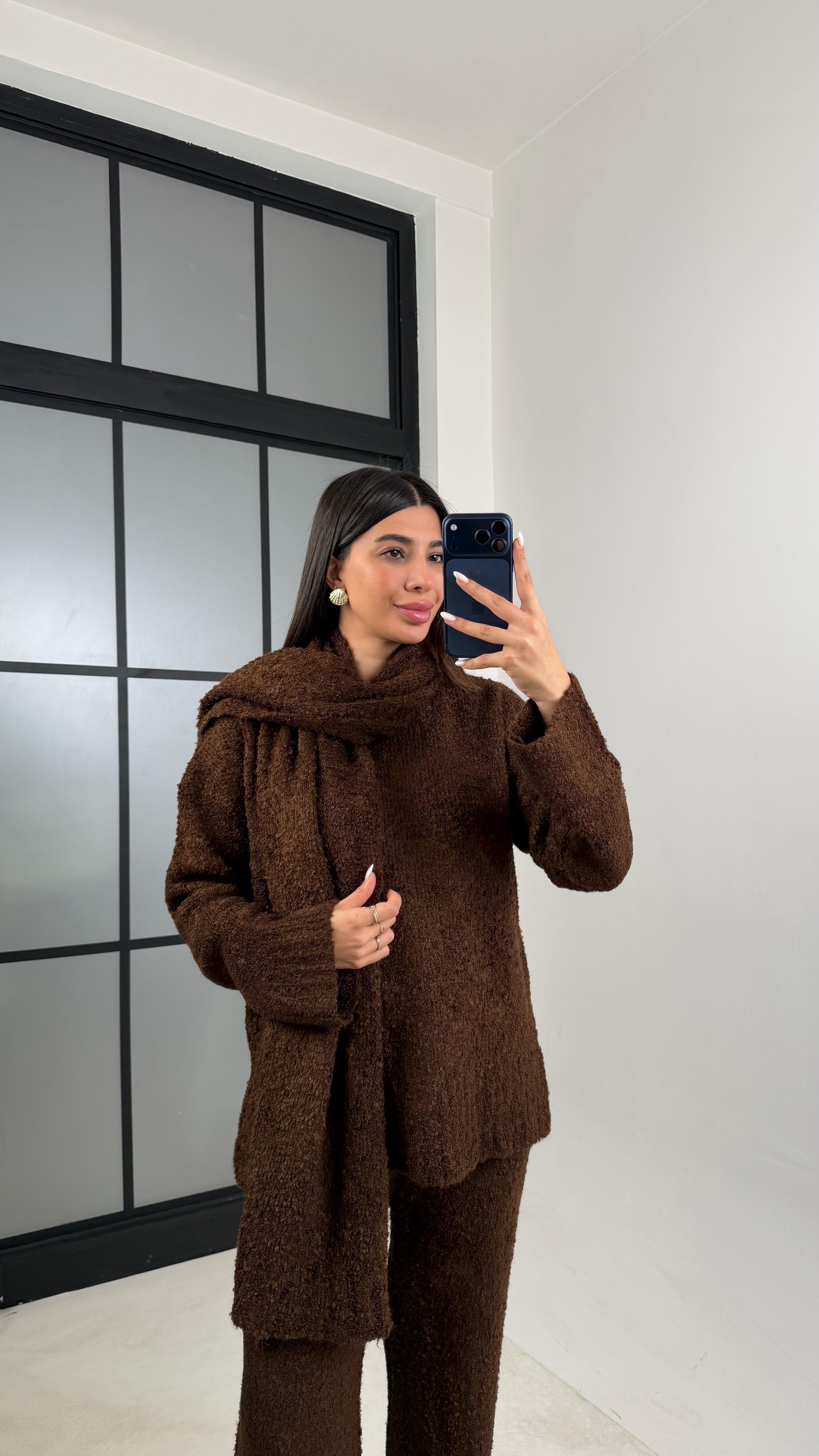 Kahve Atkı Detaylı Kazak Beli Lastikli Pantolon 3'Lü Yumuşak Dokulu Triko Takım GAUS-00654GAUSTAKIMGAUS-00654