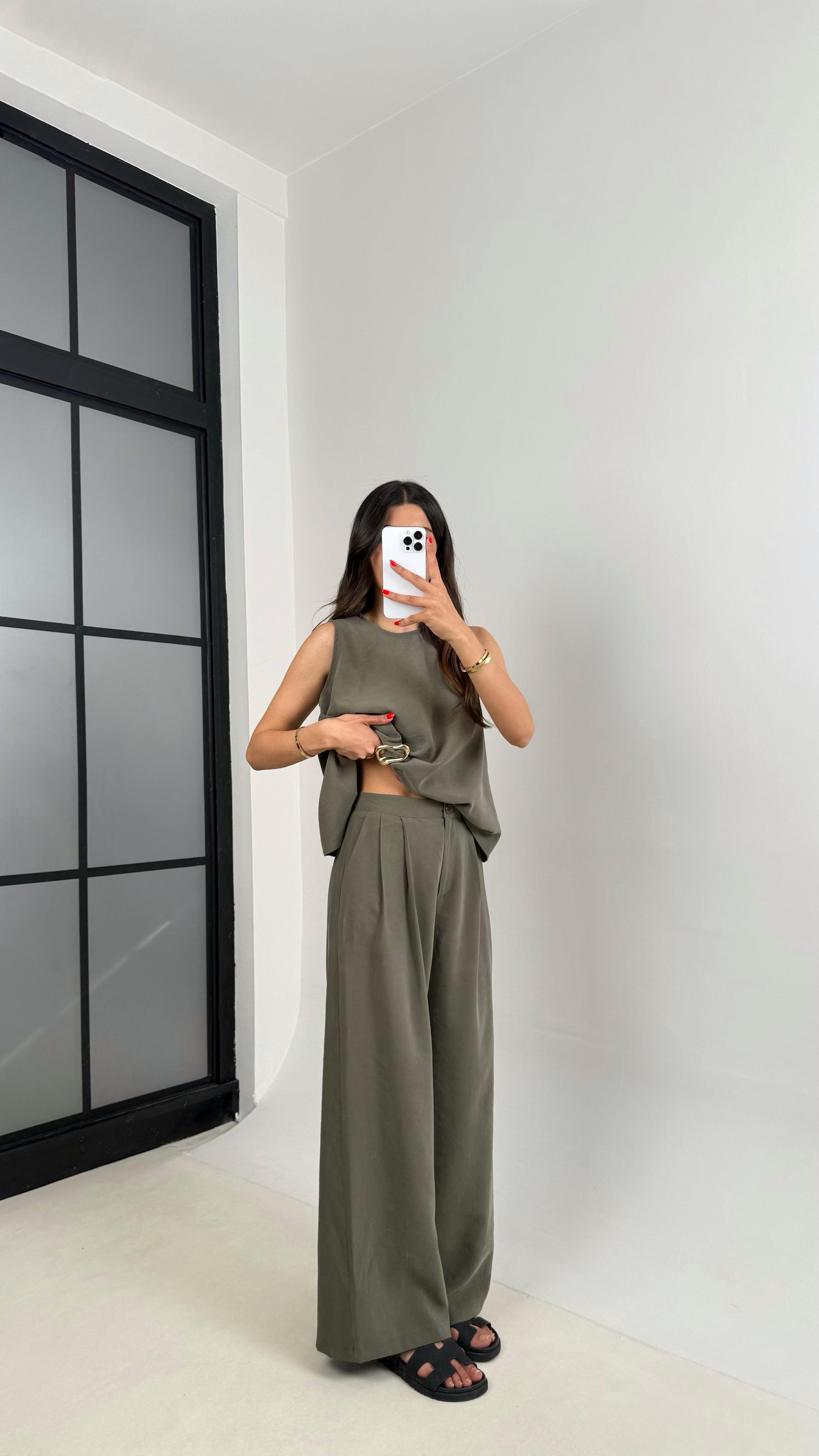 Haki Gold Detaylı Bluz Balon Pantolon İkili Tencel Takım Gaus00510GausTAKIMGU1002198