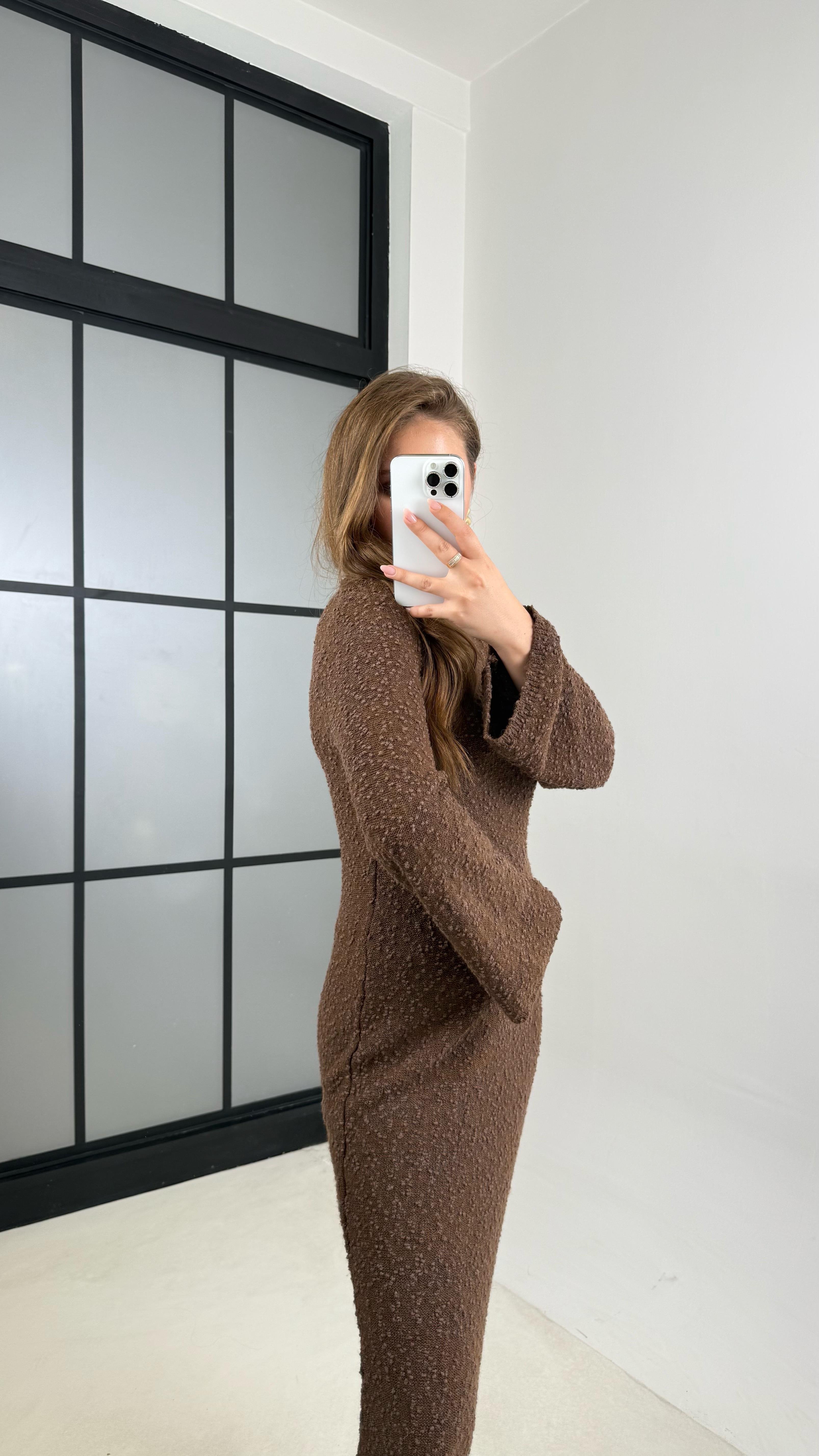 Kahve Bisiklet Yaka Tasarım Uzun Triko Elbise GAUS-00125GAUSELBİSEGAUS-00125