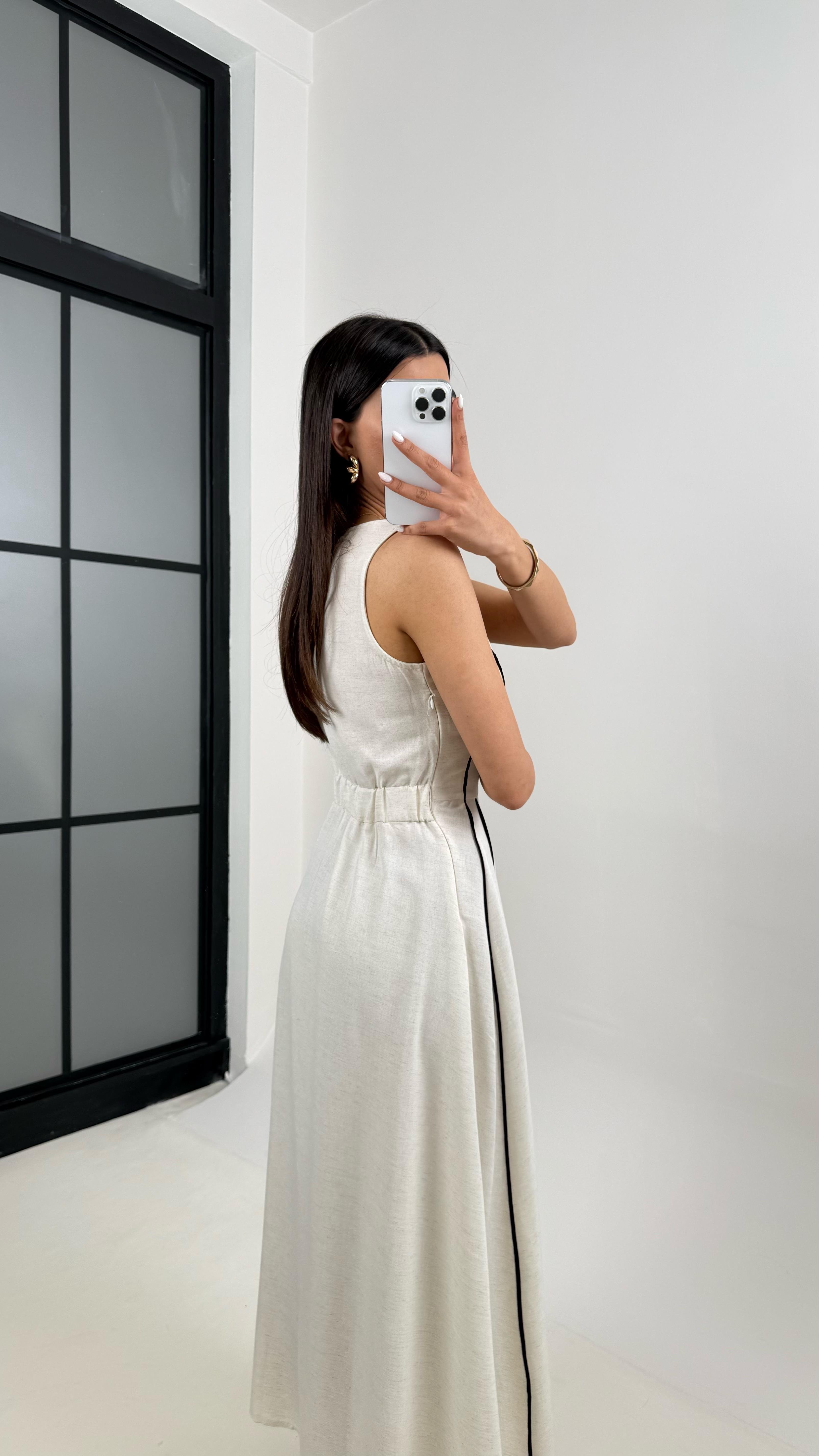 Taş Siyah Şerit Detaylı Tasarım Keten Elbise Gaus00370GausELBİSEGU1001862