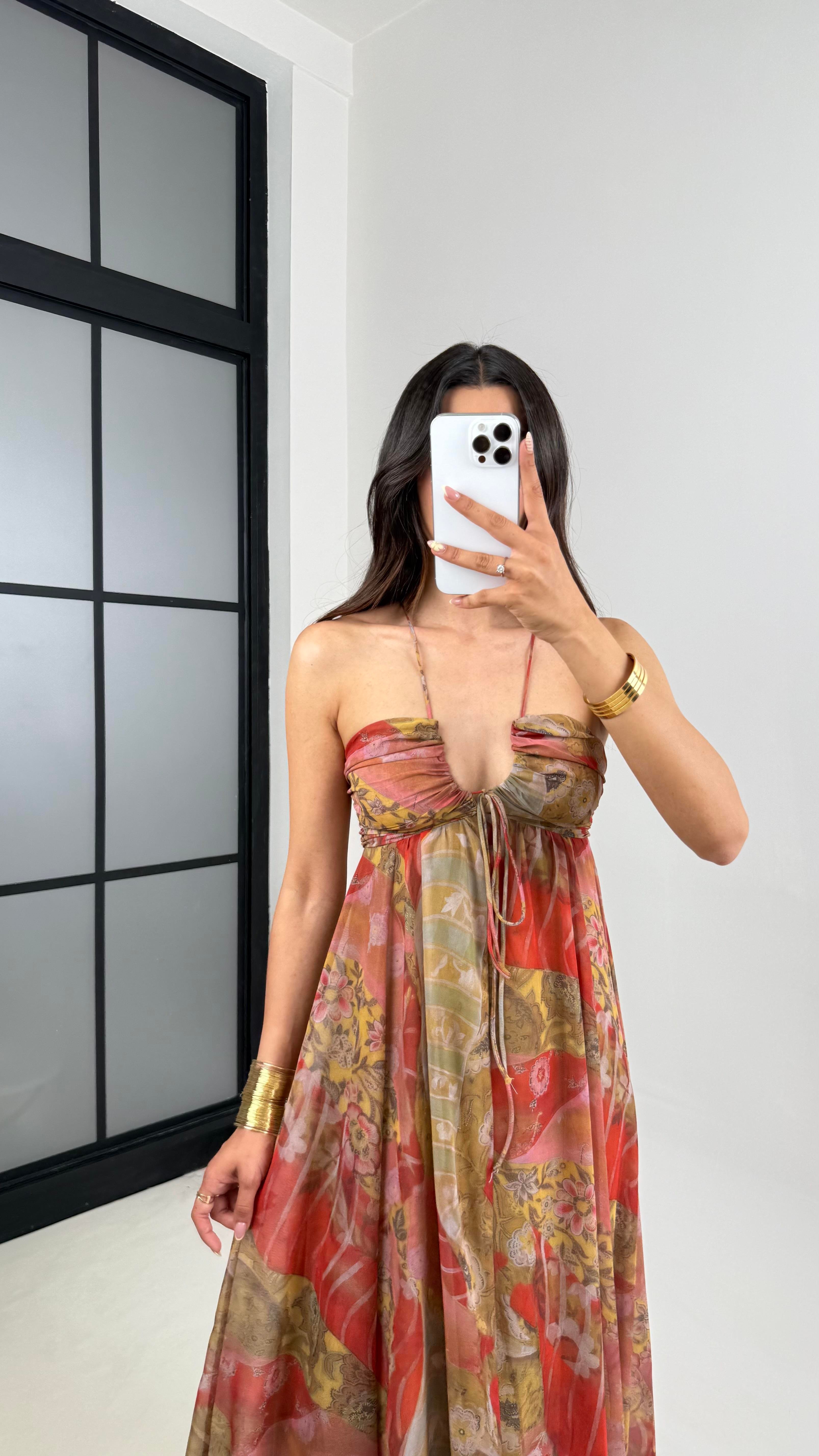 ZR Muadil Desenli Dekolteli Astarlı Şifon Elbise Gaus00651GausELBİSEGU1002513