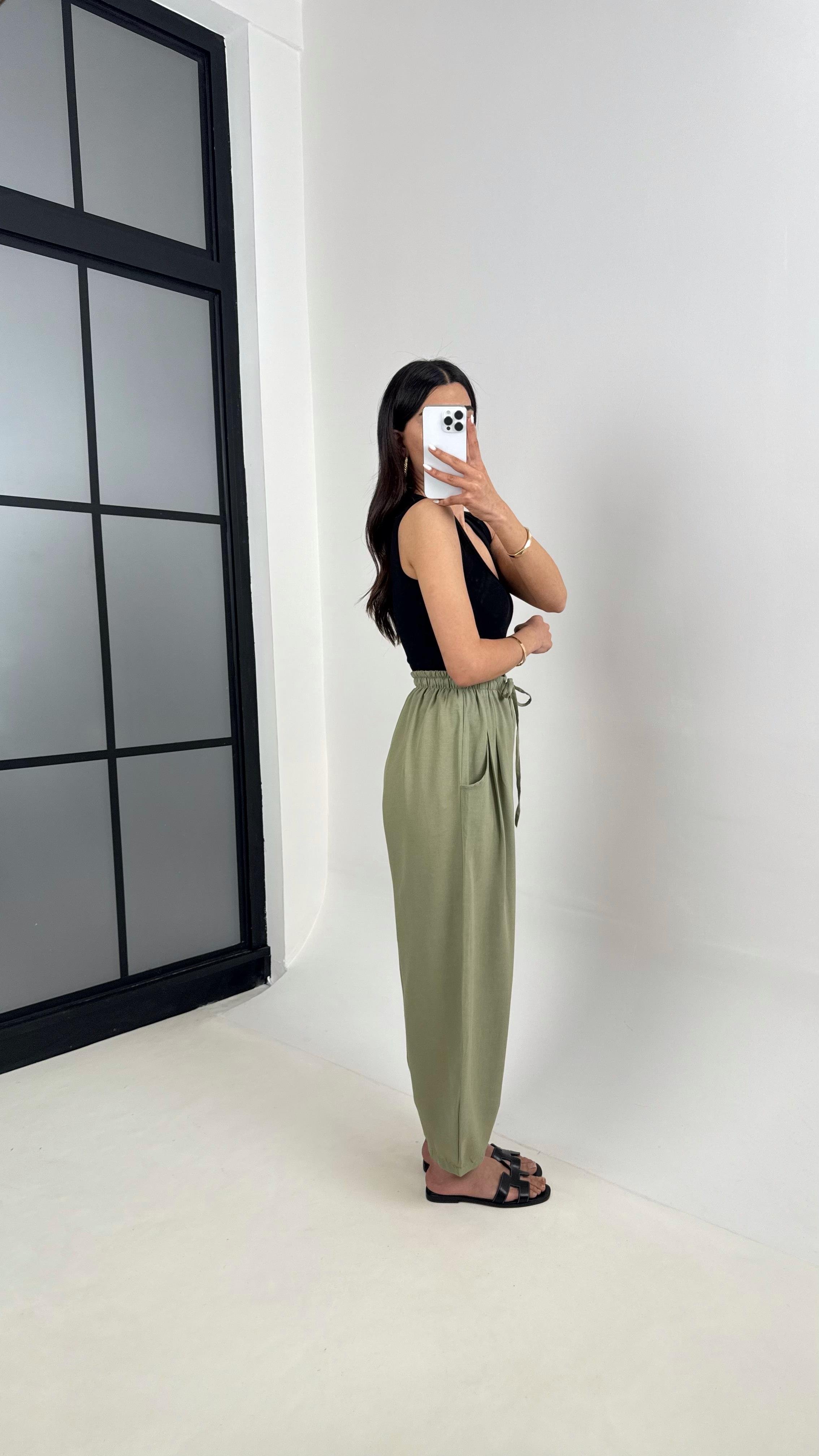 Haki Beli Lastikli Cepli Balon Keten Pantolon Gaus00391GausPANTOLONGU1001914