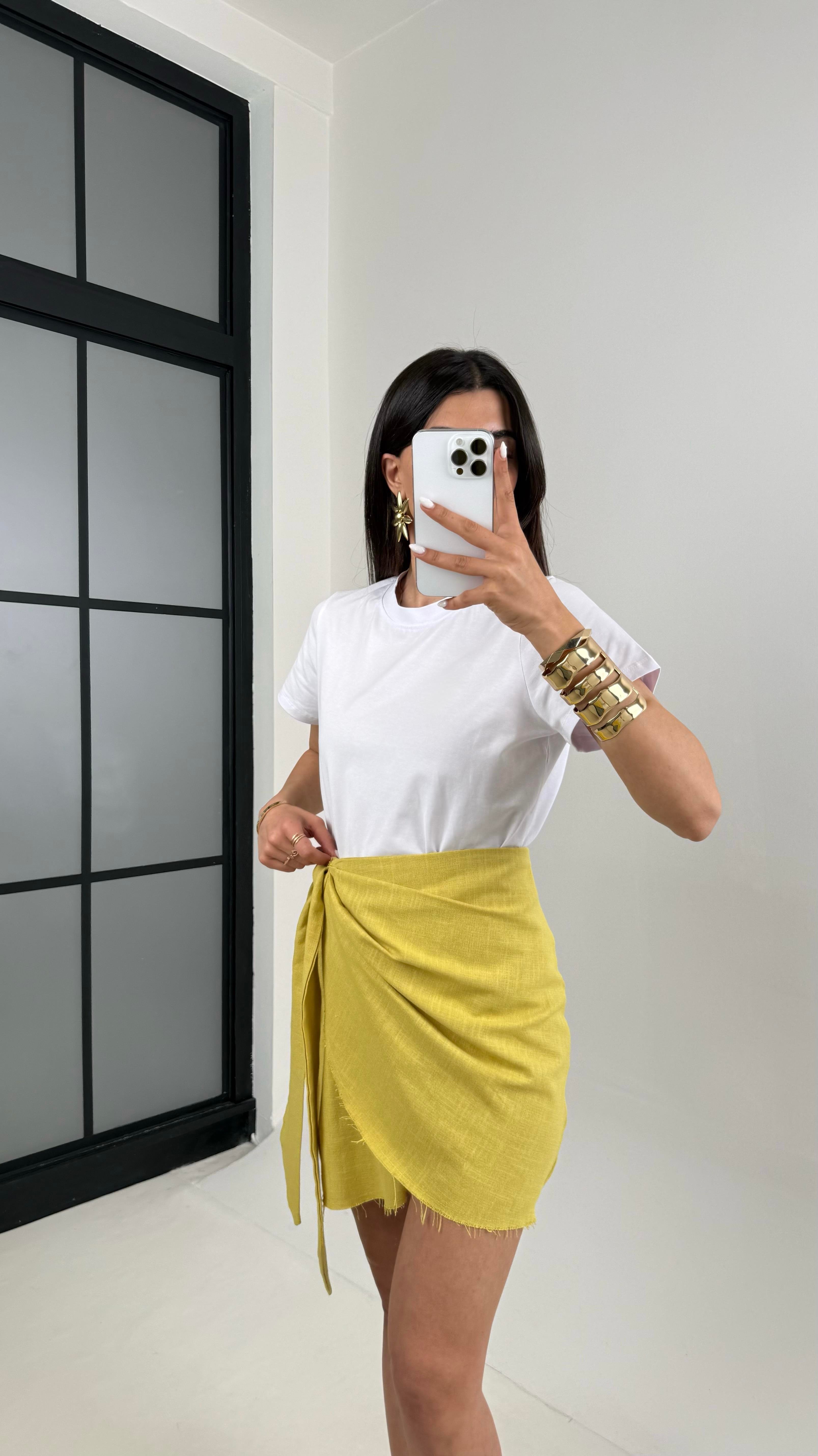 Sarı Yan Bağlama Detaylı Keten Etek Gaus00435GausETEKGU1002027