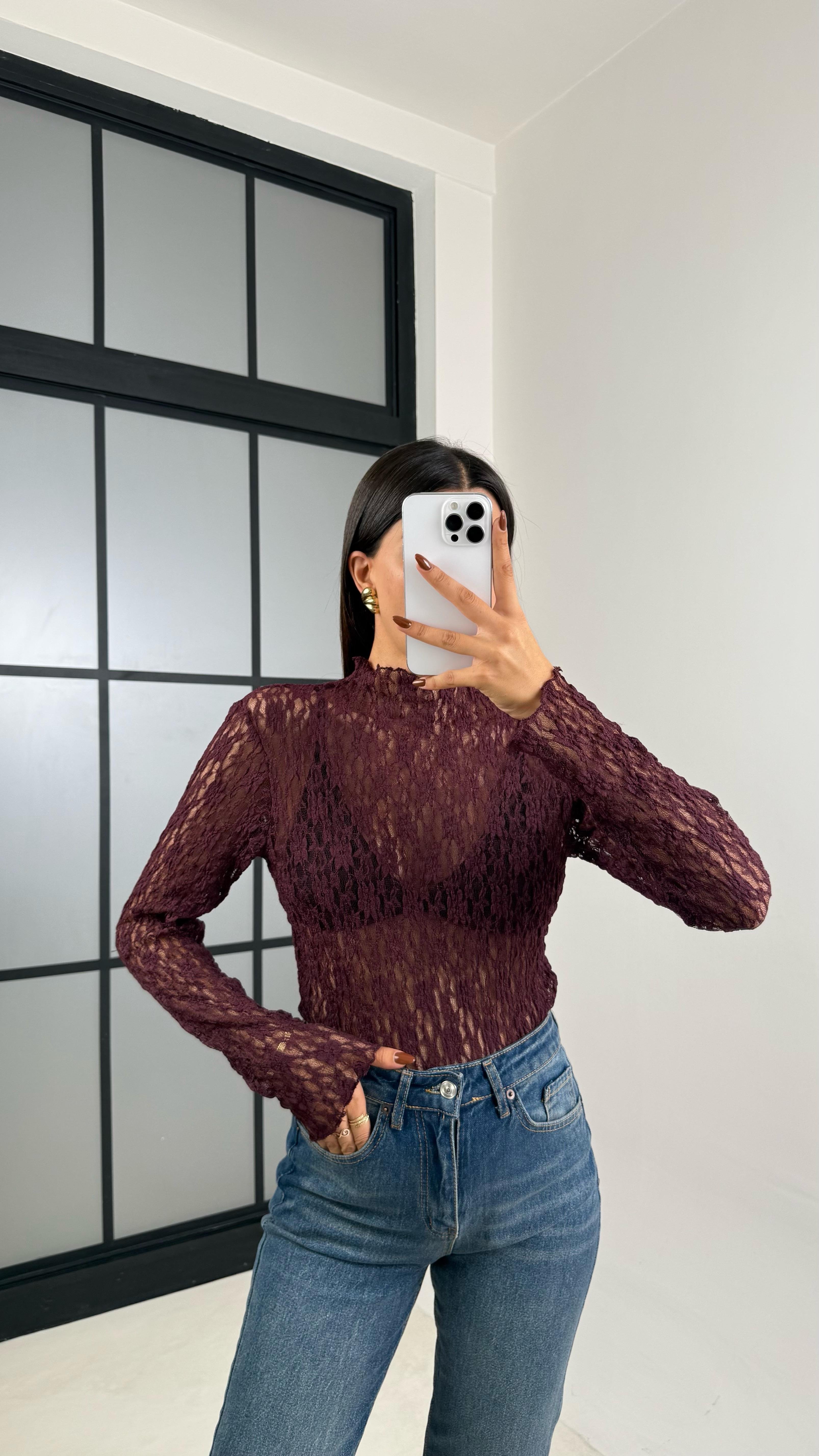 Bordo Dantelli Transparan Uzun Kol Bluz GAUS-00172GAUSالبلوزات GAUS-00172