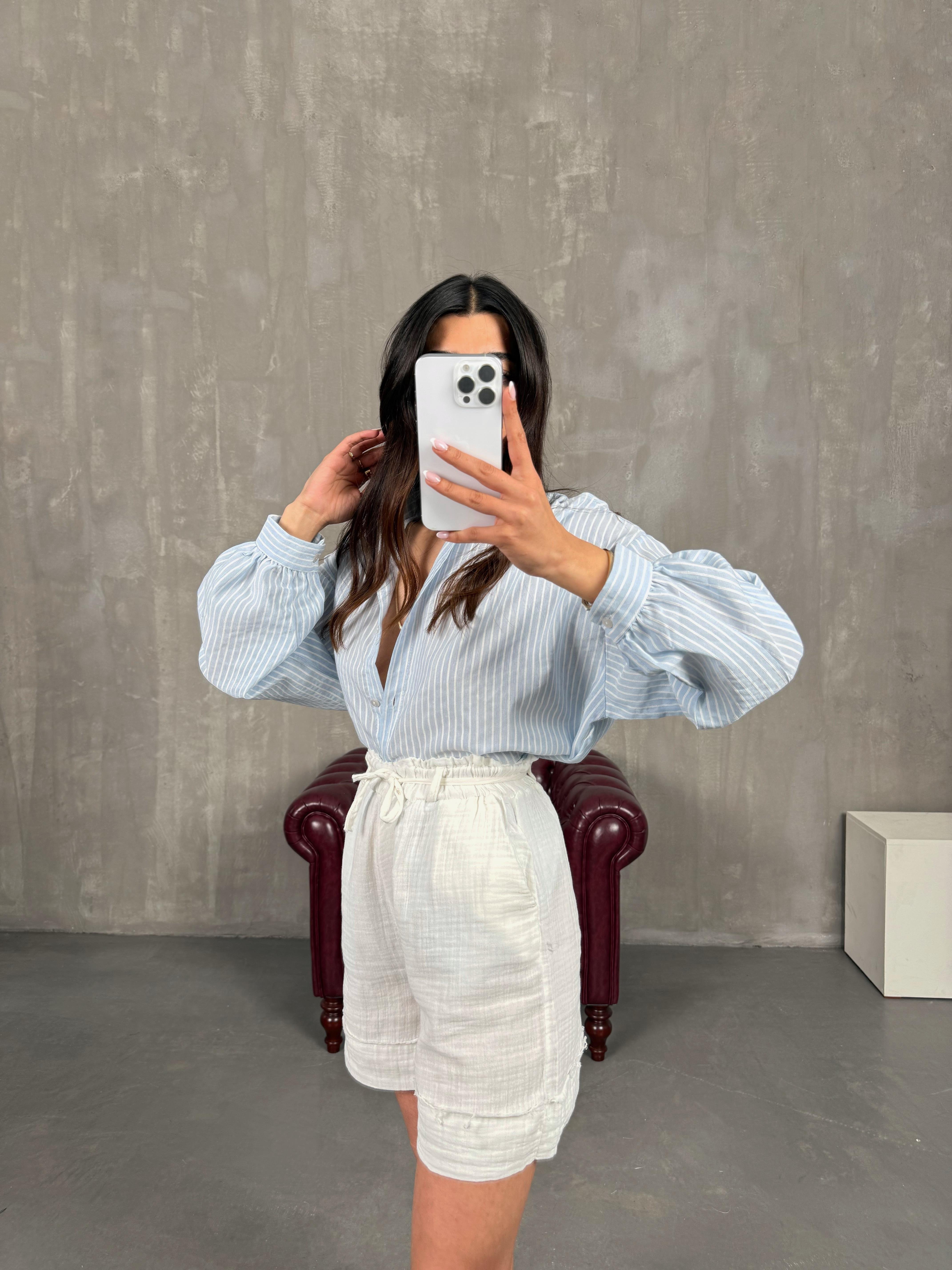 Beyaz Beli Lastikli Kuşaklı Cepli Müslin Kumaş Şort Gaus00267GausŞORTGU1001615