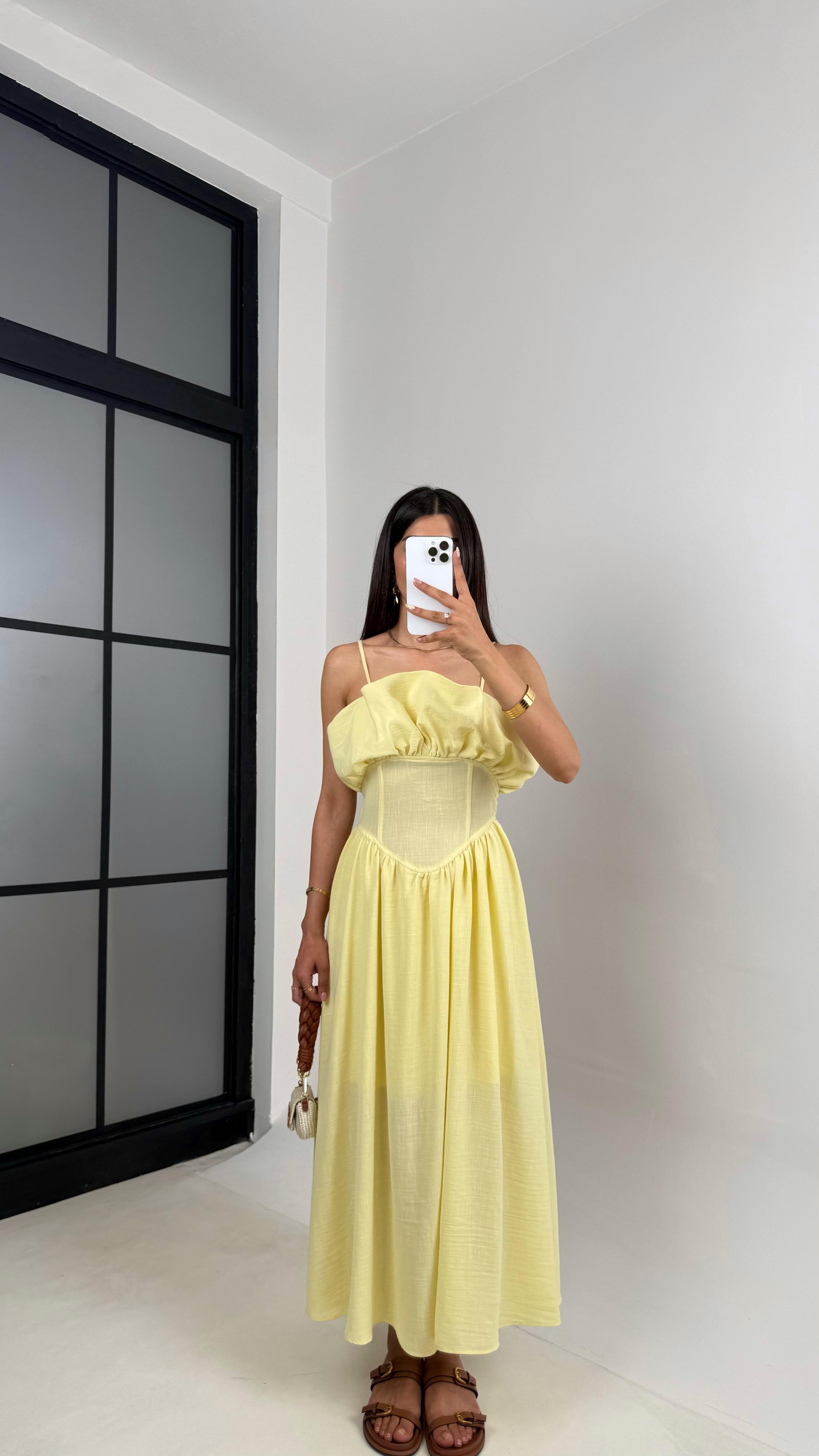 Sarı Ayarlanabilir Askılı Korse Detaylı Astarlı Keten Elbise Gaus00640GausELBİSEGU1002489