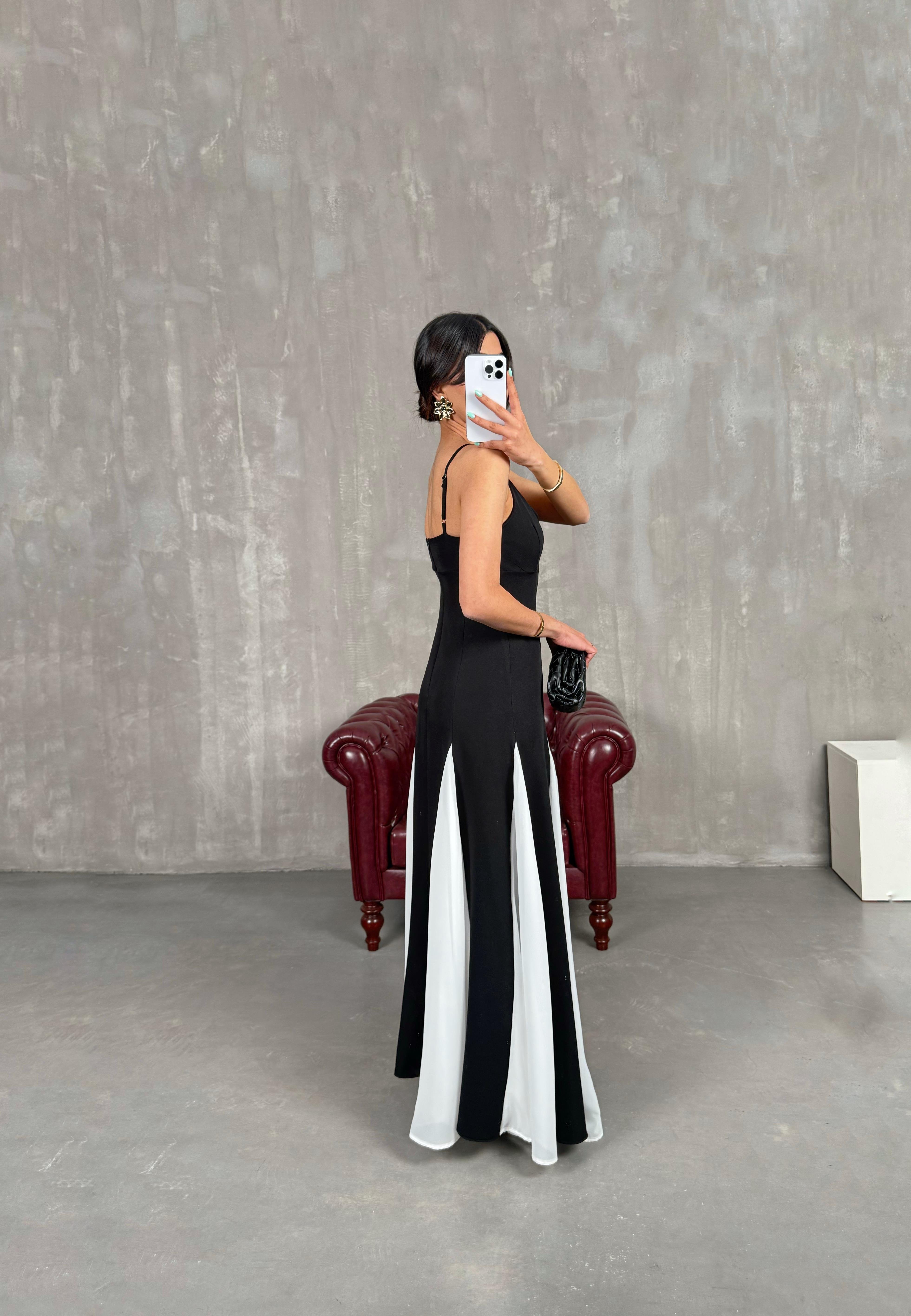 Siyah Ayarlanabilir Askılı Beyaz Şifon Detaylı Astarlı Viral Pinterest Elbise Gaus00242GausELBİSEGU1001563