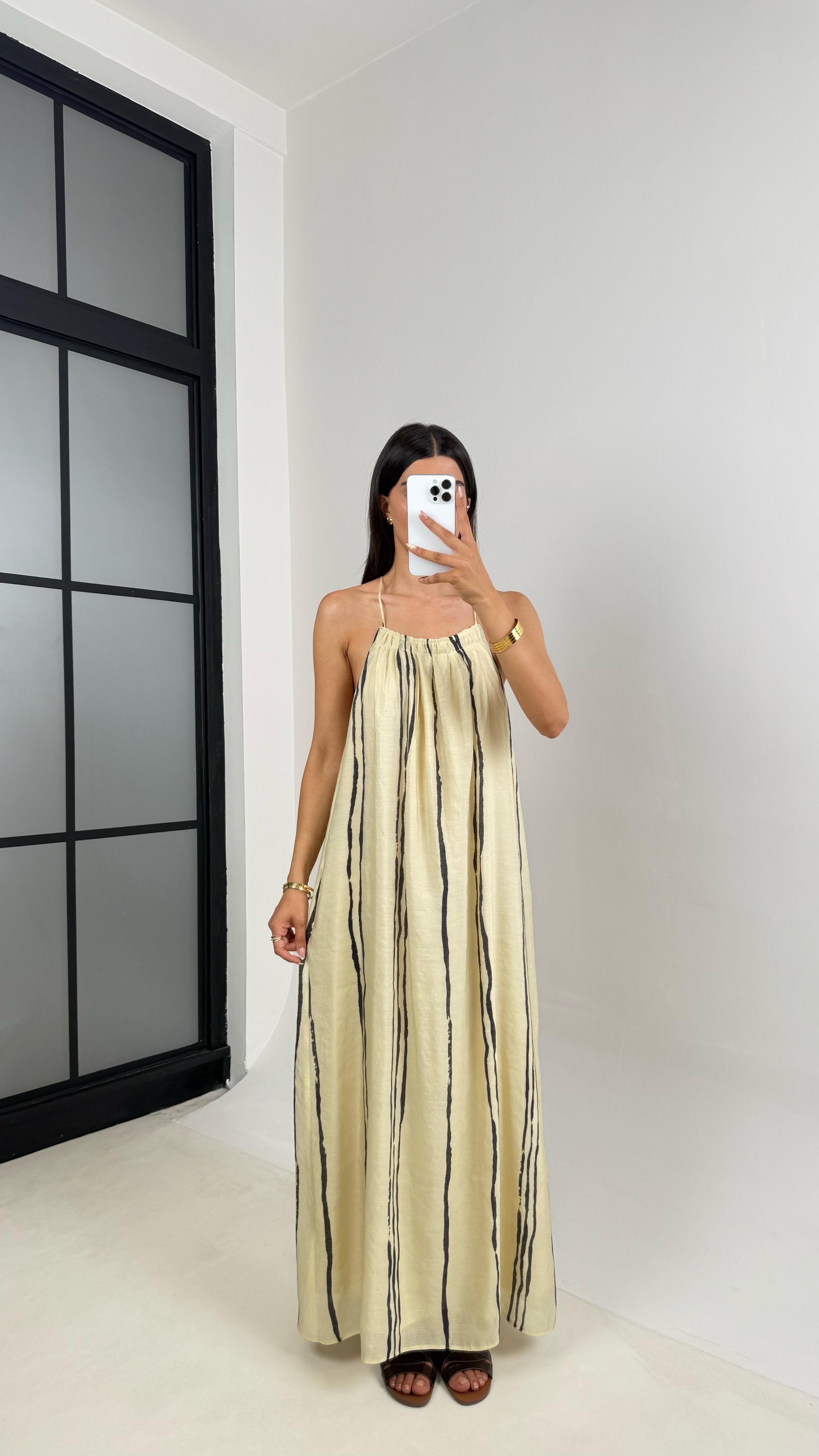 Krem Şerit Detaylı Askılı Astarlı Şifon Elbise Gaus00686GausELBİSEGU1002582