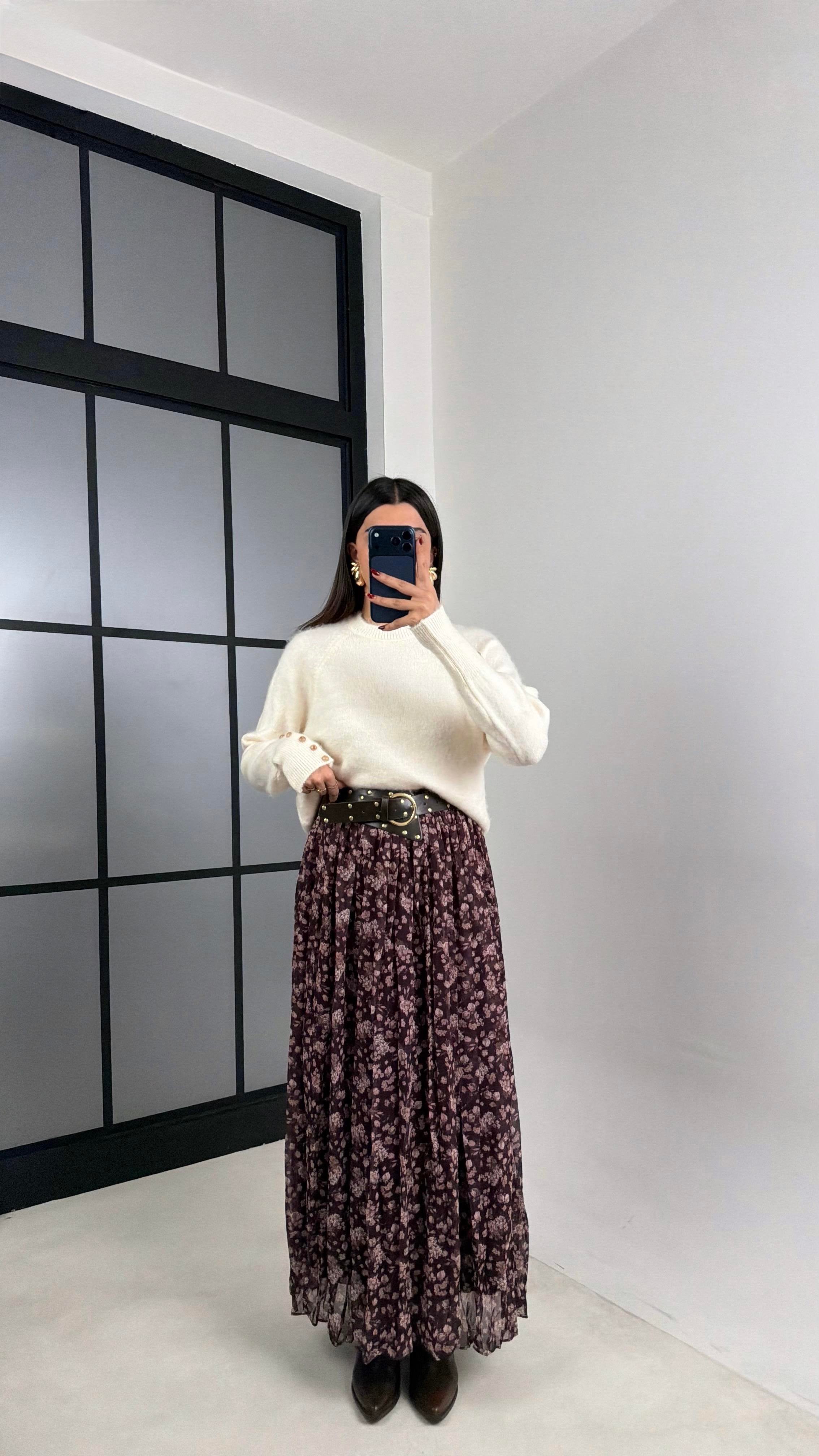 Mürdüm Çiçek Desenli Kemerli Astarlı Etek GAUS-00643GAUSETEKGAUS-00643