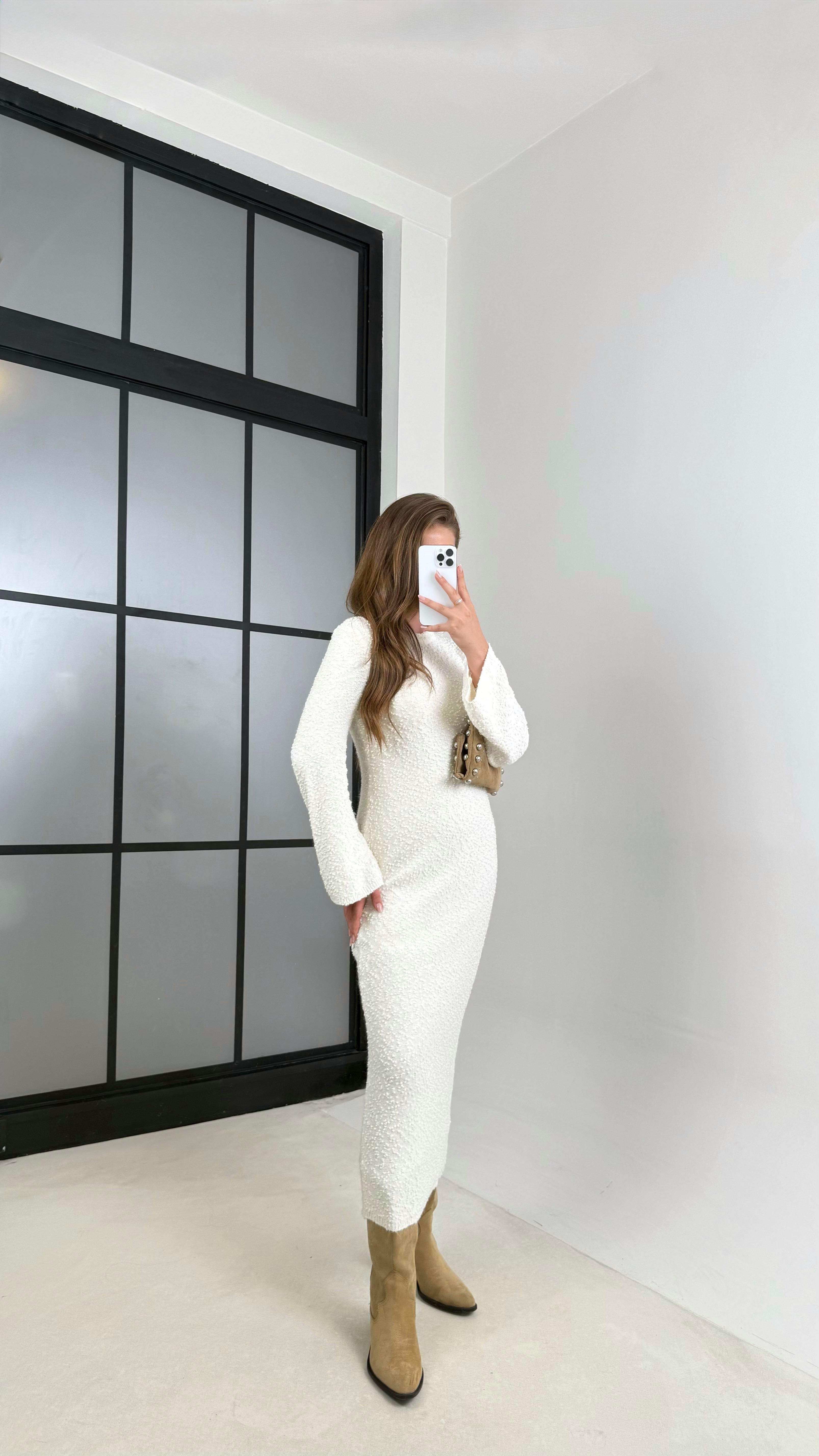 Ekru Bisiklet Yaka Tasarım Uzun Triko Elbise GAUS-00125GAUSELBİSEGAUS-00125