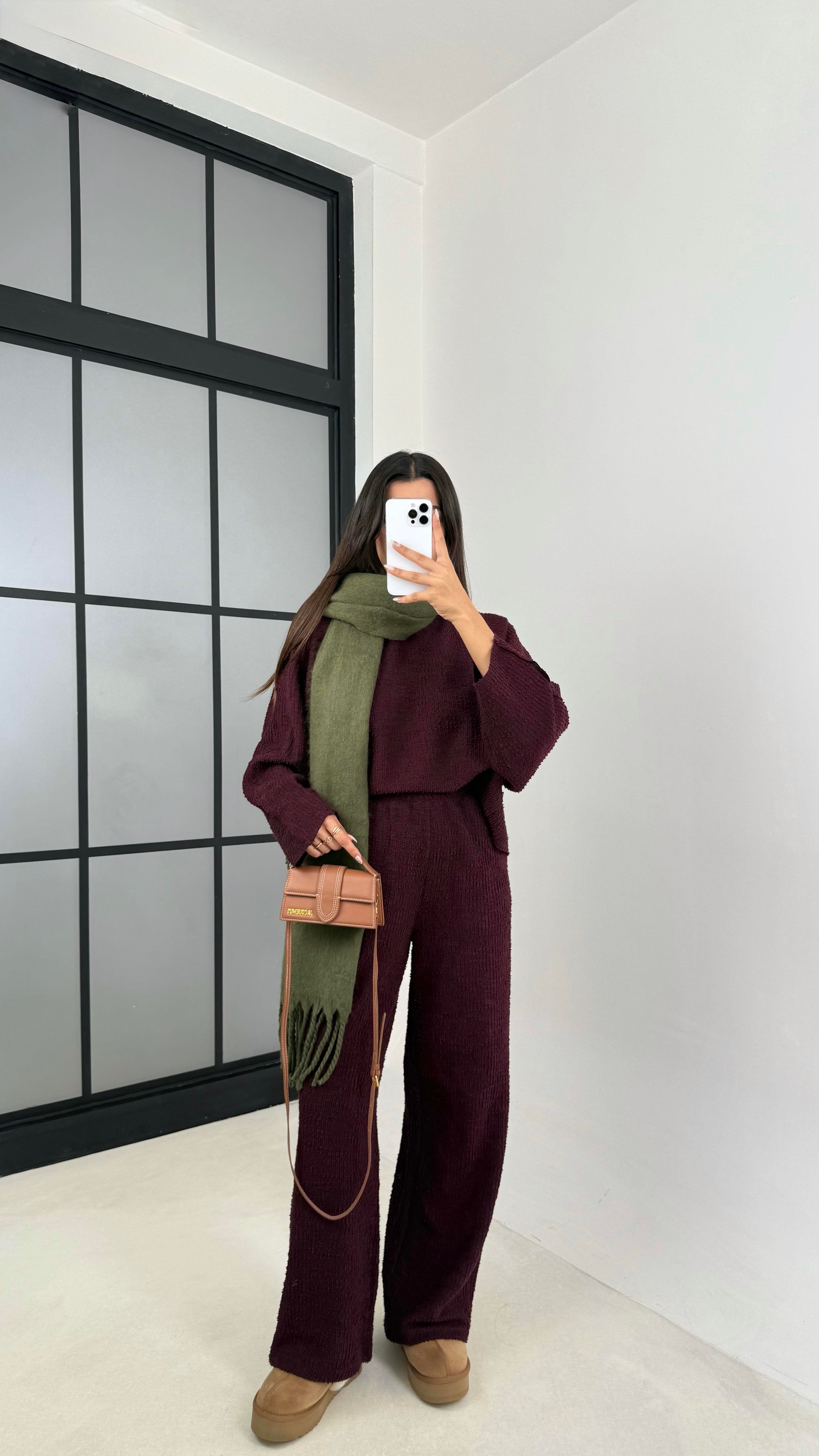 Bordo Kazak Beli Lastikli Pantolon Buklet Kumaş İkili Takım GAUS-00138GAUSTAKIMGAUS-00138