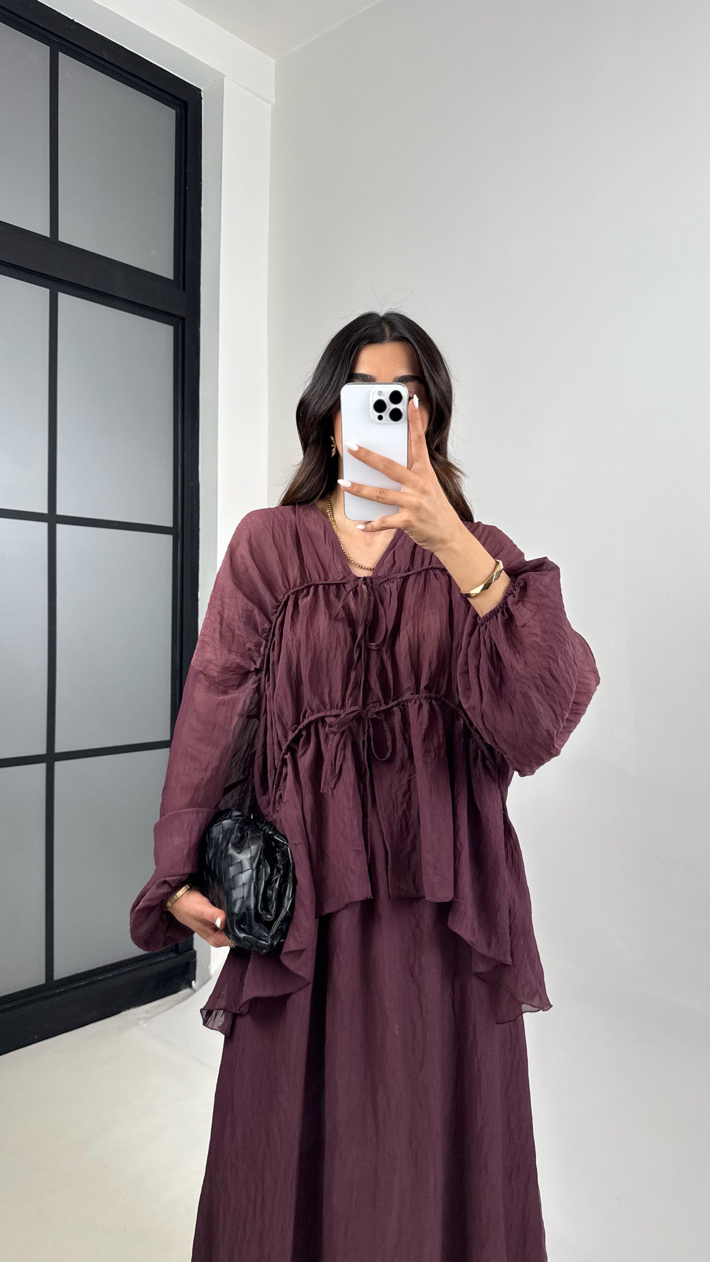 Mürdüm Gipeli Önden Bağlamalı Üst Astarlı Etek İkili Kırışık Kumaş Takım Gaus00426GausTAKIMGU1001992