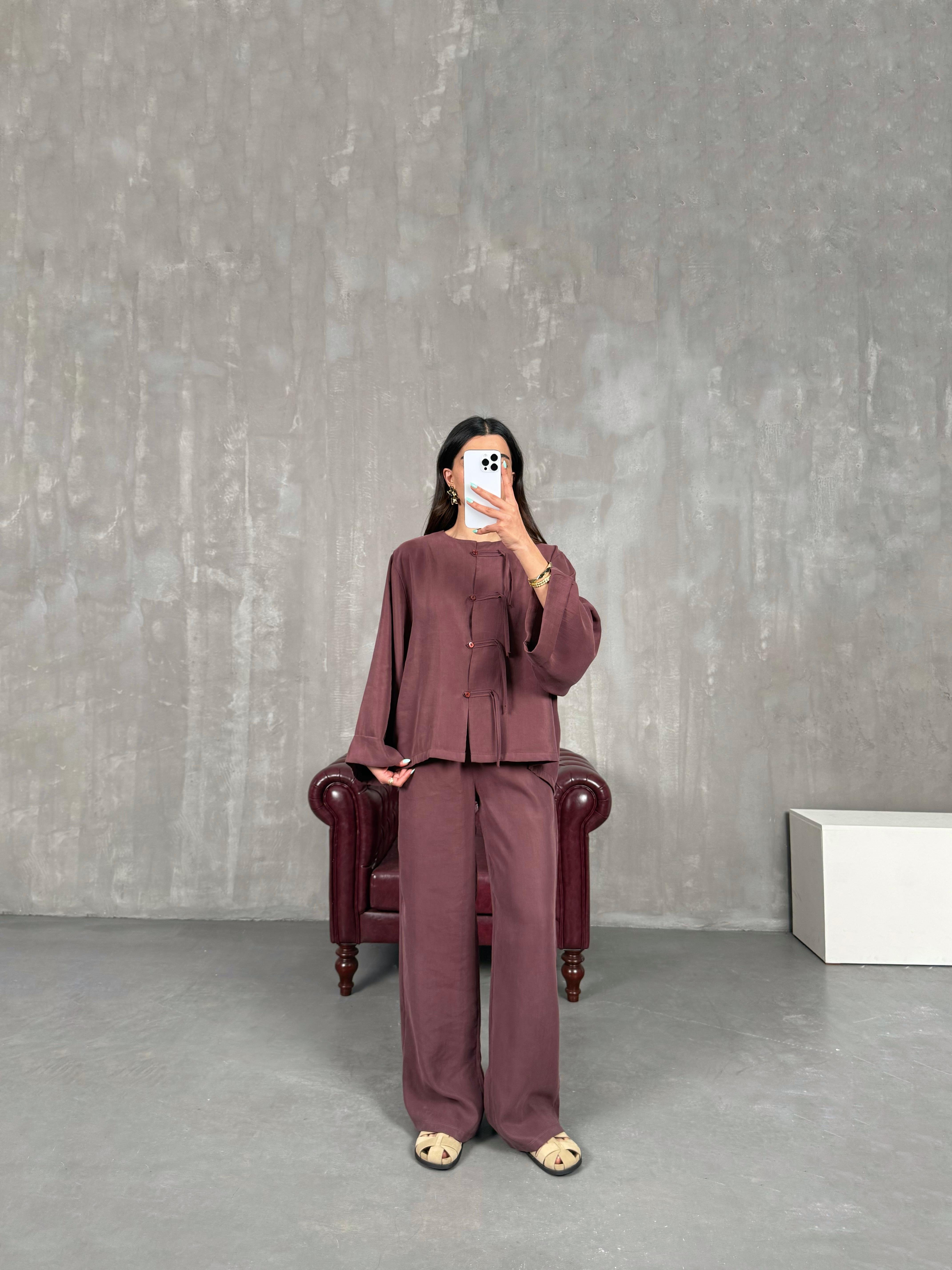 Bordo Yaka Düğmeli Gömlek Beli Lastikli Pantolon Tensel Takım Gaus00238GausTAKIMGU1001551