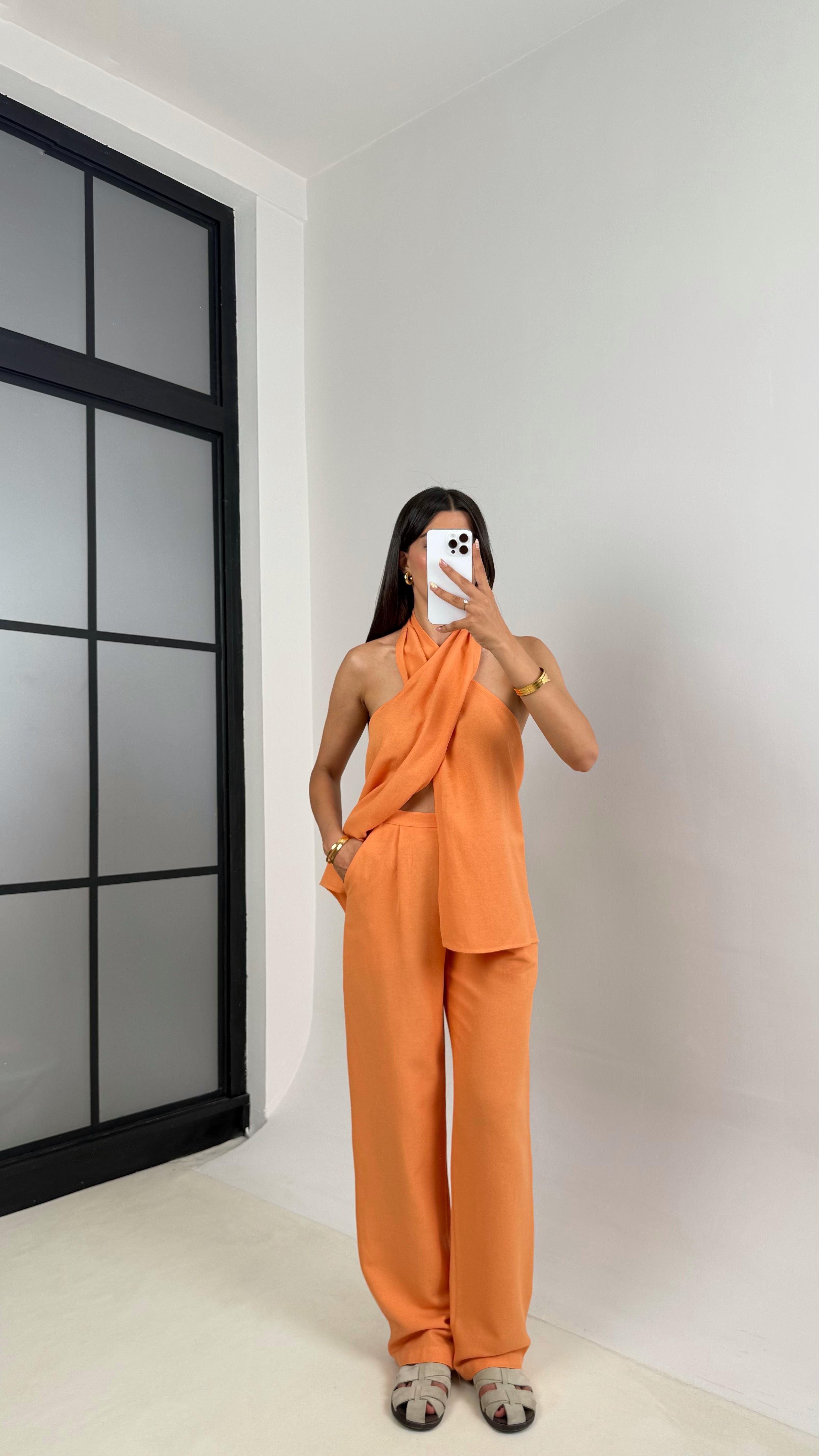 Somon Boyundan Bağlamalı Bluz Cepli Pantolon Tasarım Keten Takım Gaus00667GausTAKIMGU1002539