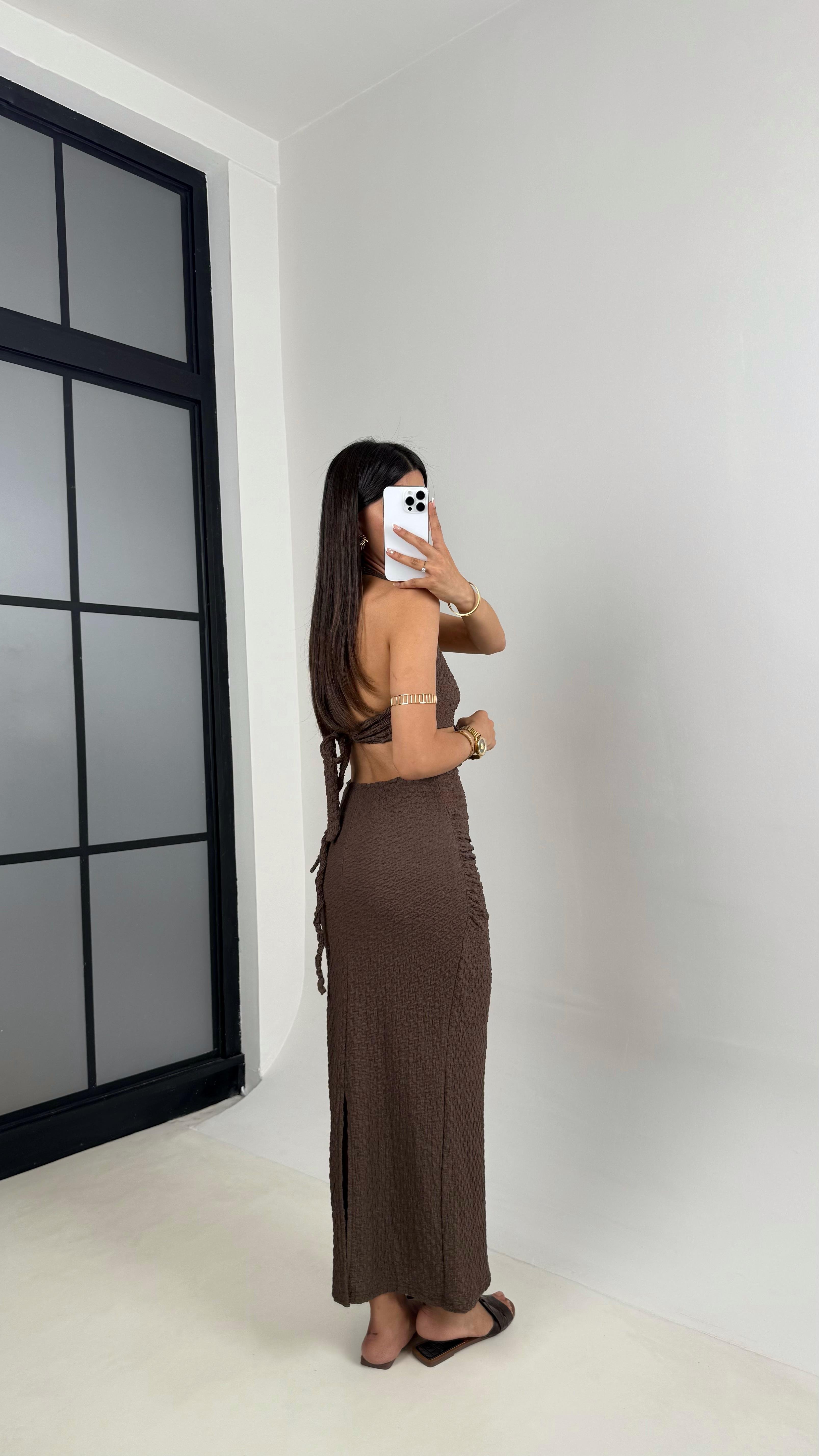 Kahve Boyundan Bağlamalı Astarlı Gold Yıldız Tokalı Dekolteli Bürümcük Elbise Gaus00582GausELBİSEGU1002358