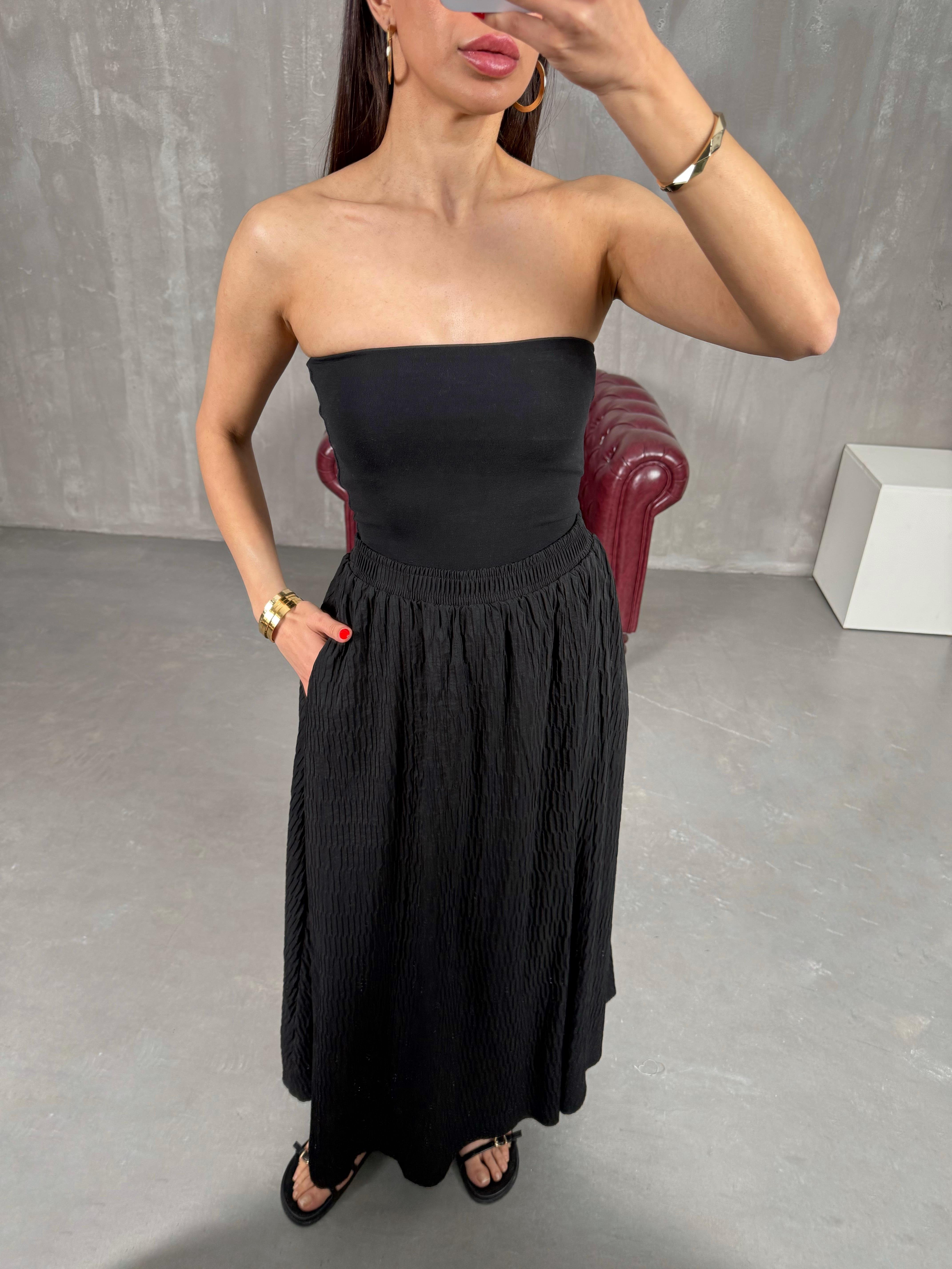 Siyah Beli Lastikli Astarlı Büzgü Detaylı Etek Gaus00196GausETEKGU1001461