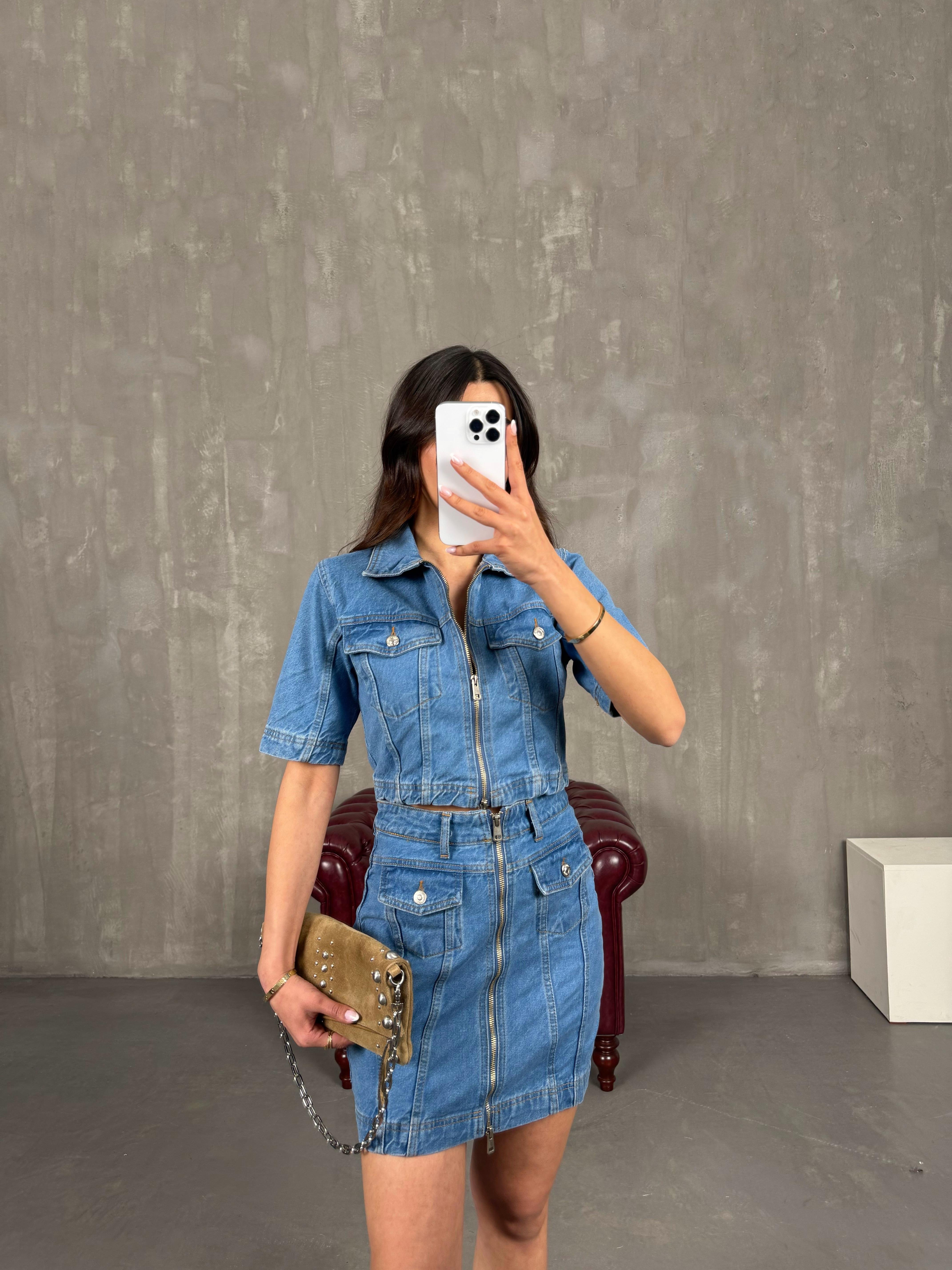 Mavi Cepli Önü Fermuarlı Denim Etekli Takım Gaus00259GausTAKIMGU1001600