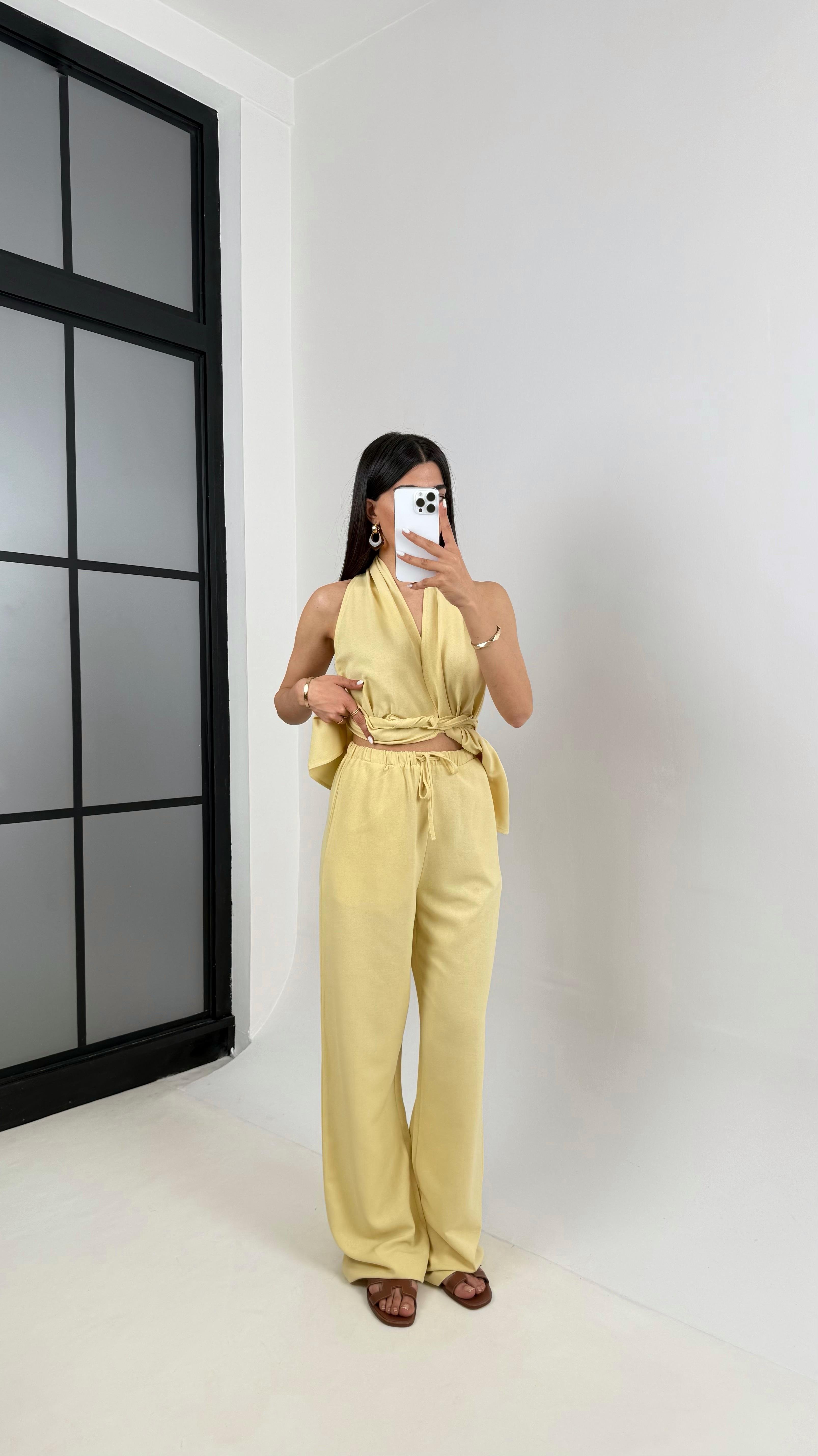 Sarı Önü Bağlamalı Kuşaklı Yelek Beli Lastikli Cepli Pantolon Keten Takım Gaus00410GausTAKIMGU1001956