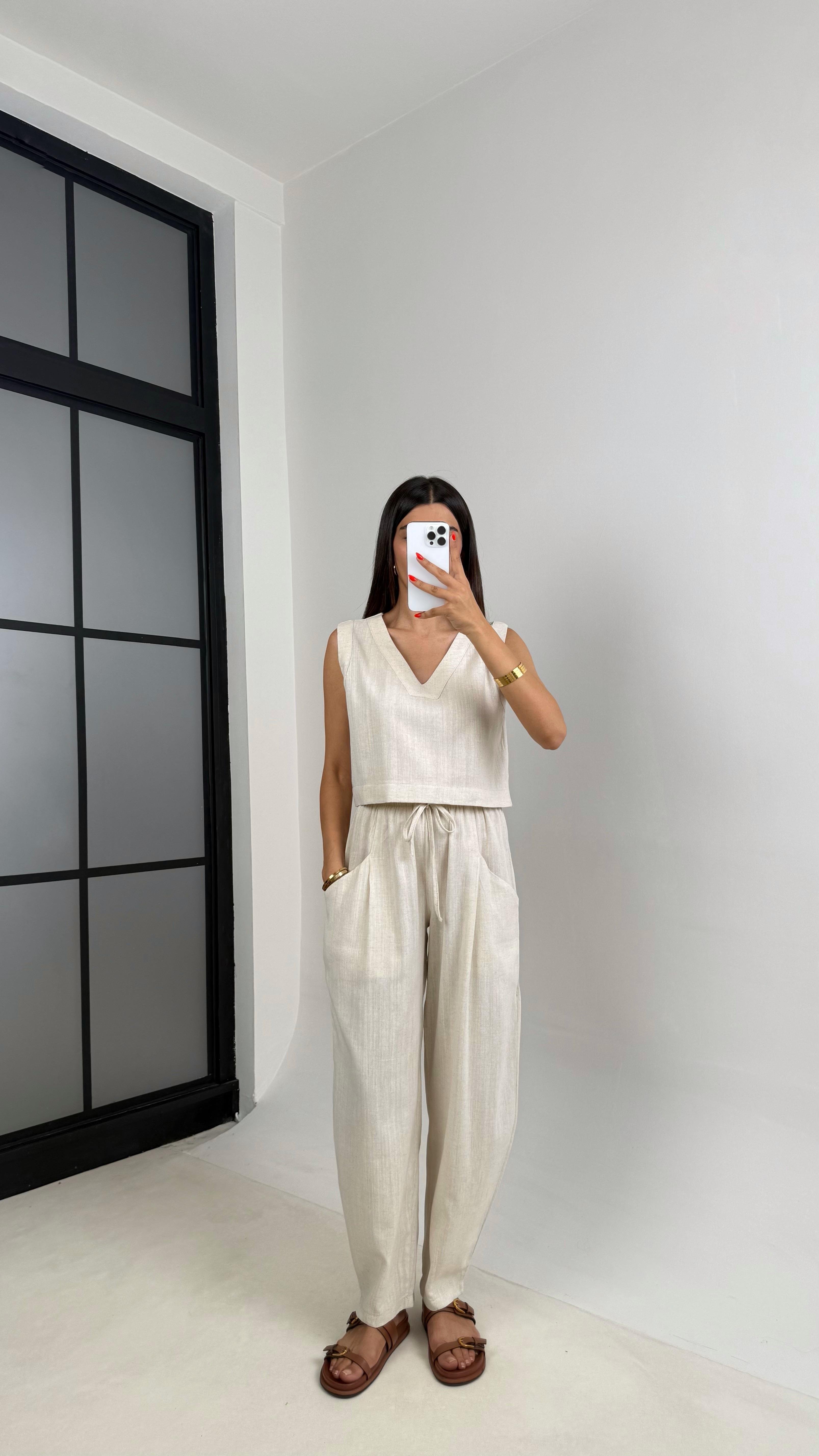 Taş V Yaka Bluz Beli Lastikli Balon Pantolon Muadil Keten Takım GAUS-0016GAUSTAKIMGAUS-0016