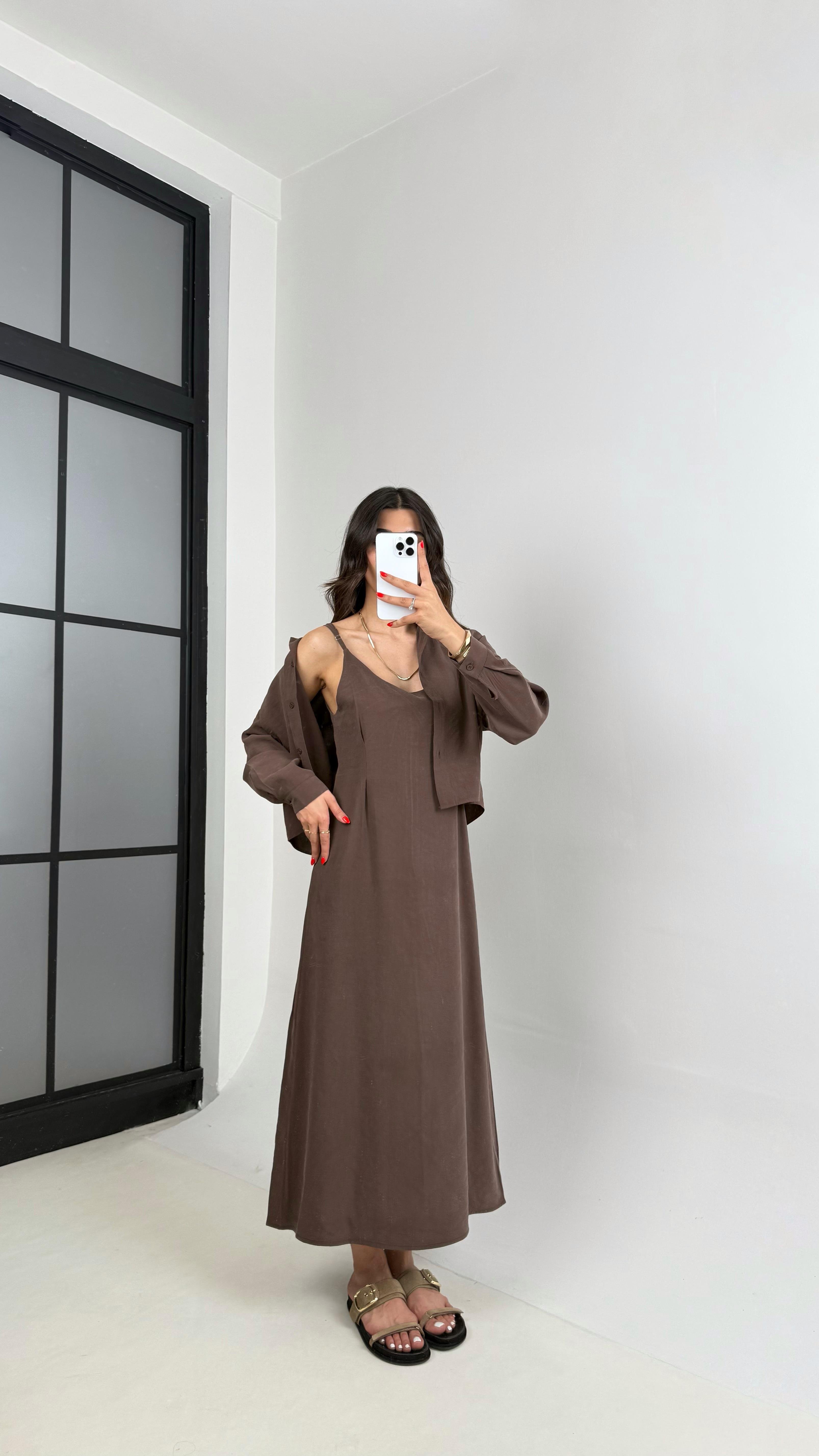 Acı Kahve Ayarlanabilir Askılı Elbise Gömlek İkili Tensel Takım Gaus00467GausTAKIMGU1002095