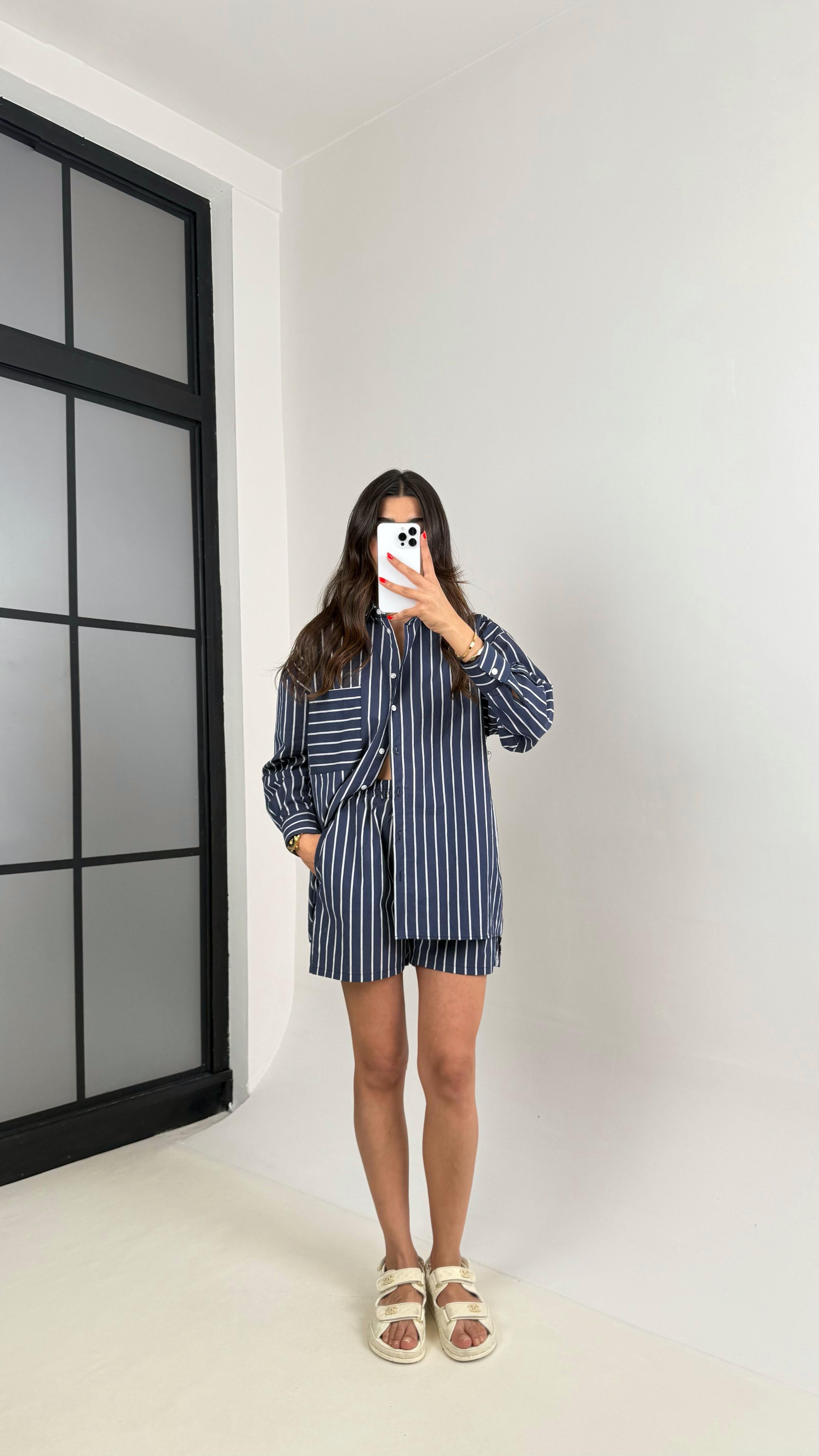 Lacivert Beyaz Çizgili Gömlek Şort İkili Keten Takım Gaus00475GausTAKIMGU1002110