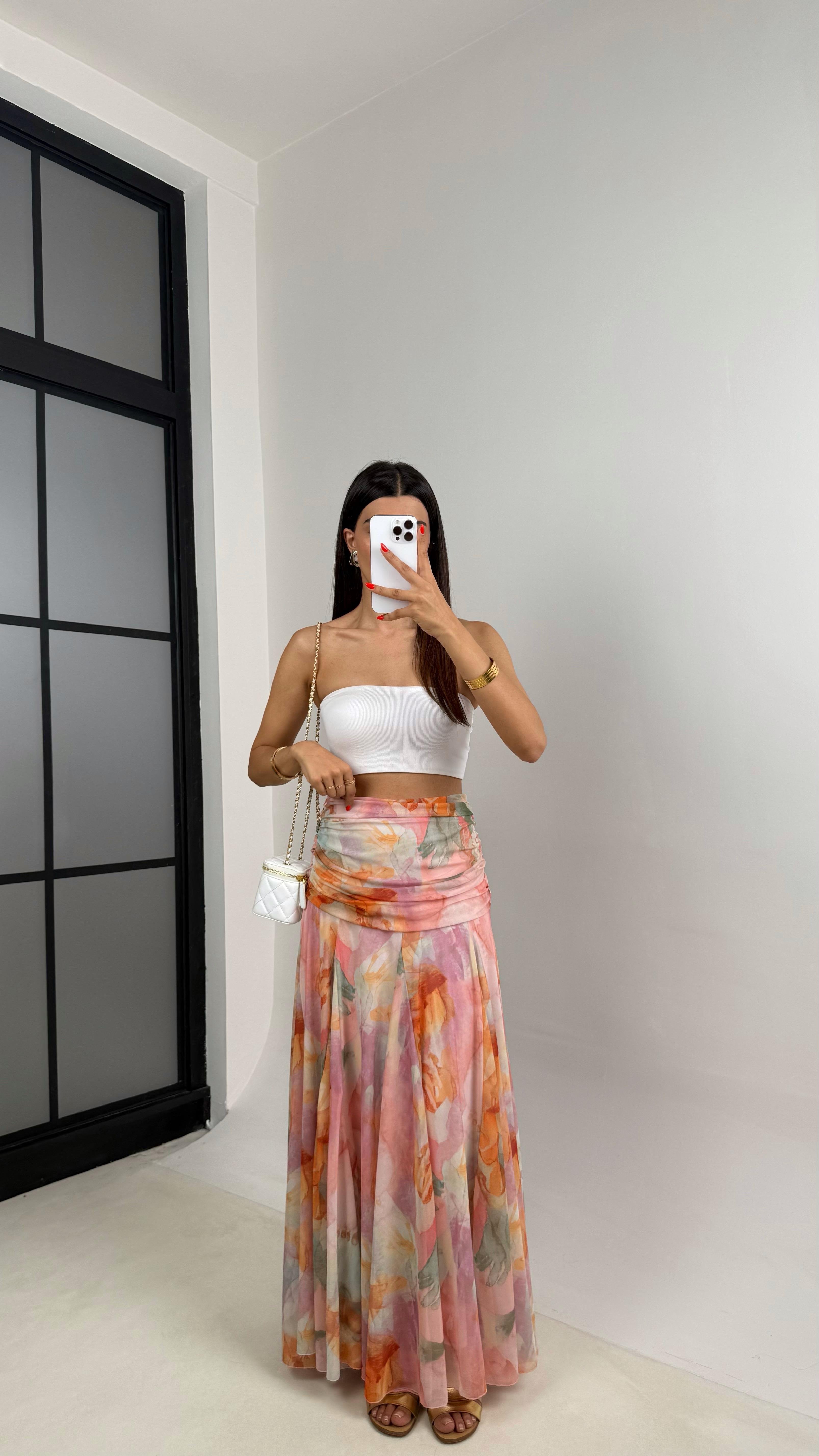 Pembe Çok Renkli Desenli Drape Detaylı Astarlı Şifon Etek GAUS-0023GAUSETEKGAUS-0023