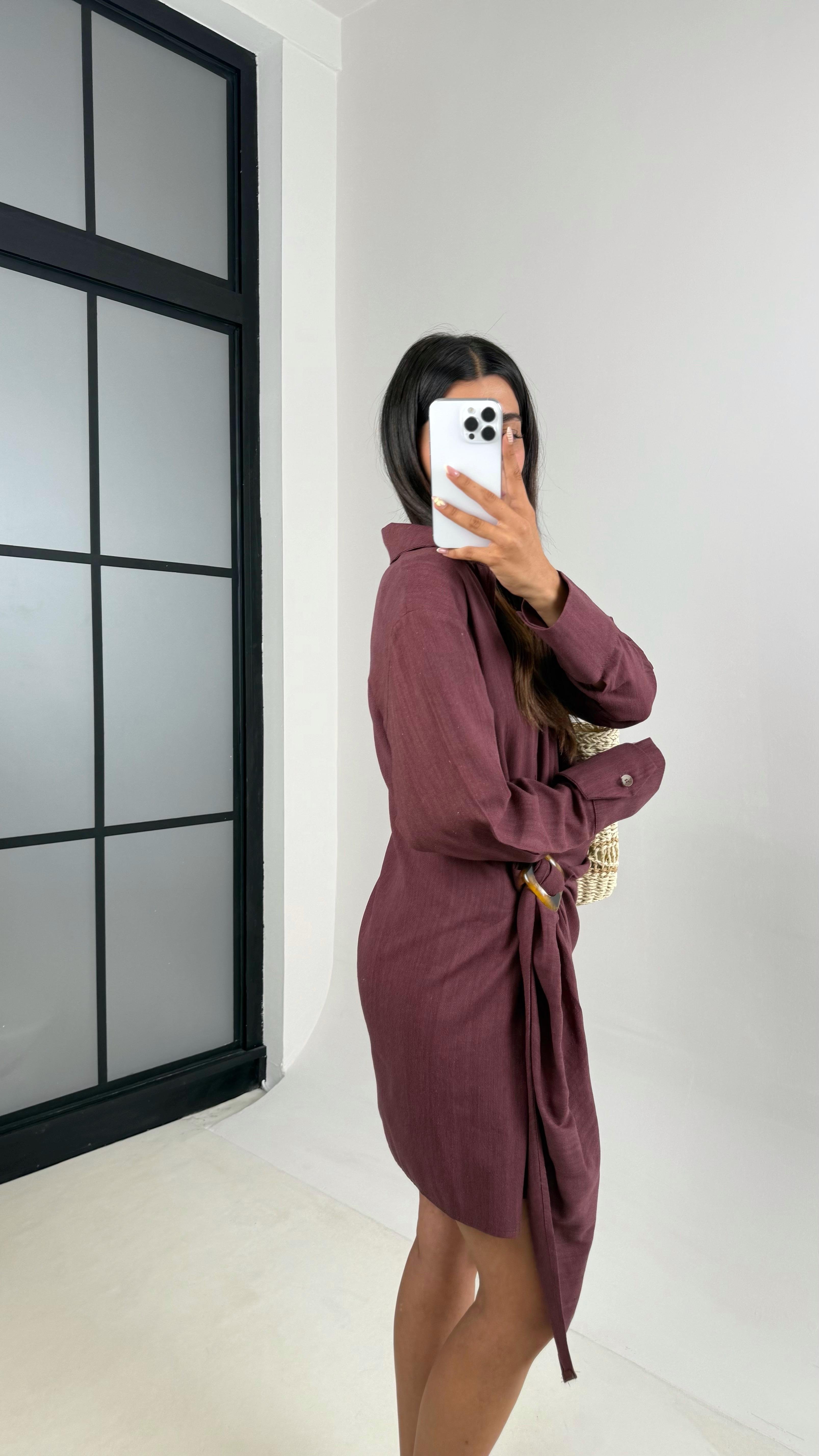 Bordo Toka Detaylı Premium Keten Elbise Gaus00689GausELBİSEGU1002591