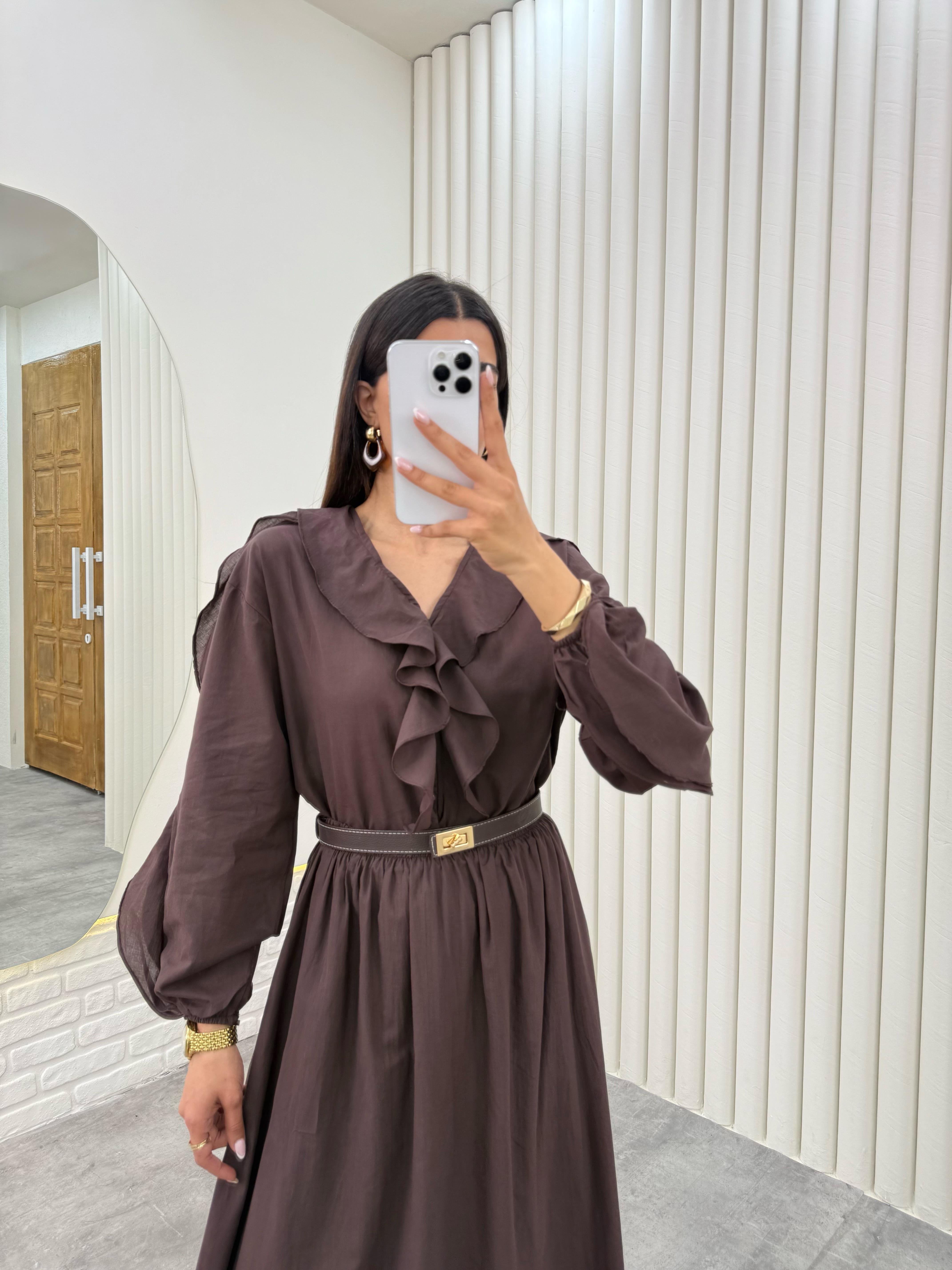 Acı Kahve  Önü Düğmeli Fırfırlı Üst Beli Lastikli Astarlı Etek Vual İkili Takım Gaus00321GausTAKIMGU1001744