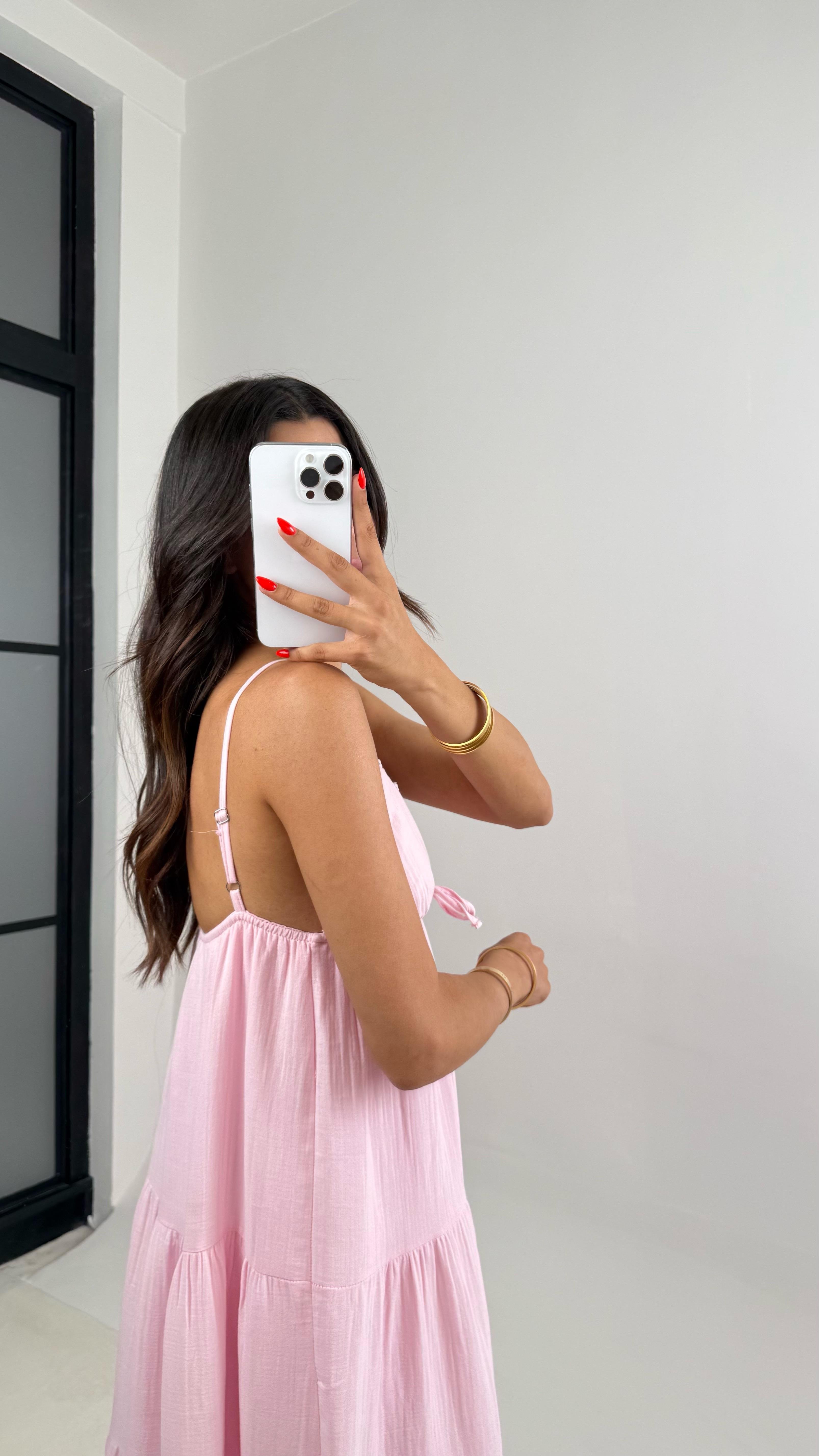 Pembe Ayarlanabilir Askılı Dantel Detaylı Müslin Elbise GAUS-001GAUSELBİSEGAUS-001