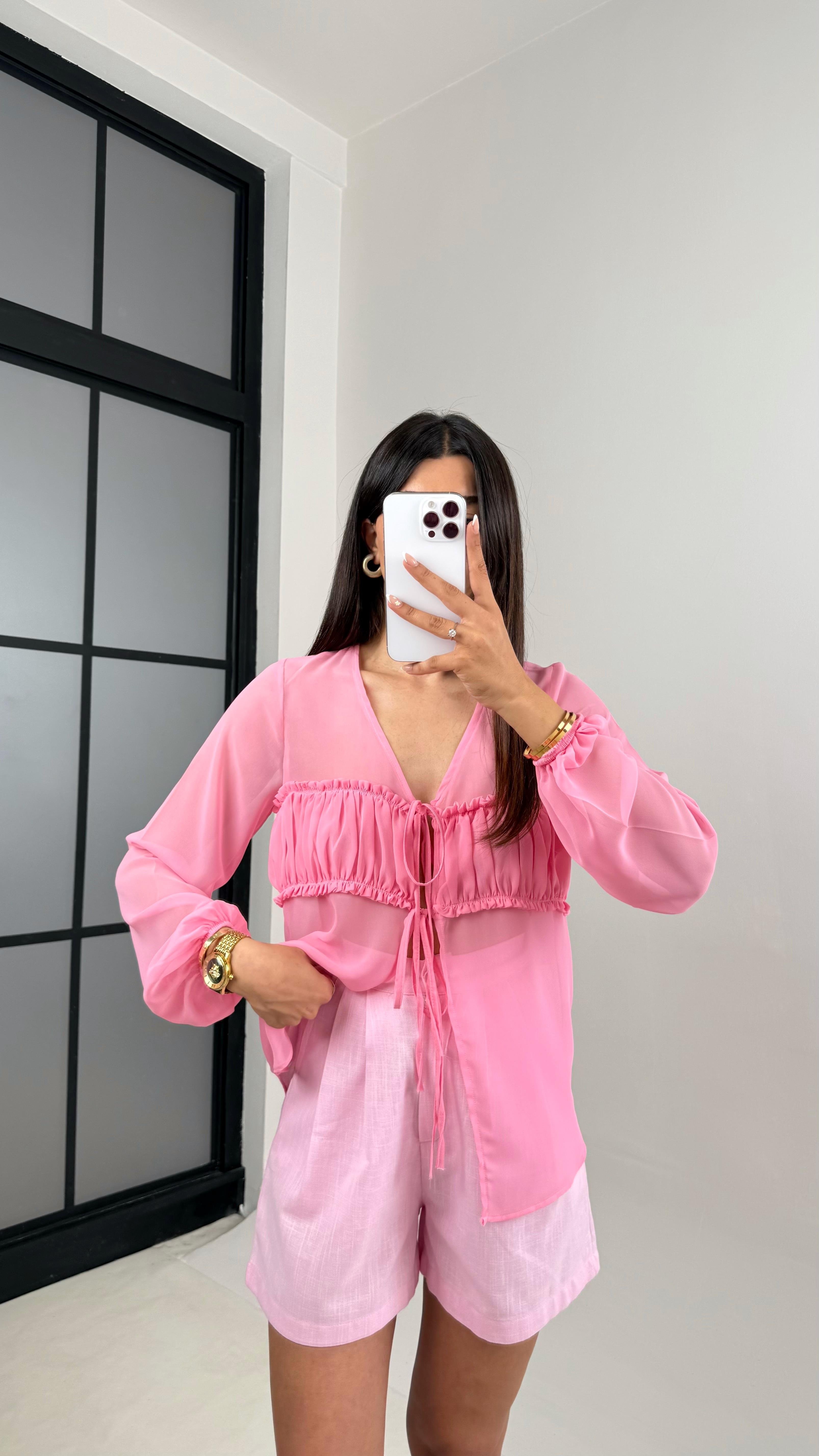 Pembe Önü Bağlamalı Transparan Gömlek Keten Şort Takım Gaus00615GausTAKIMGU1002436