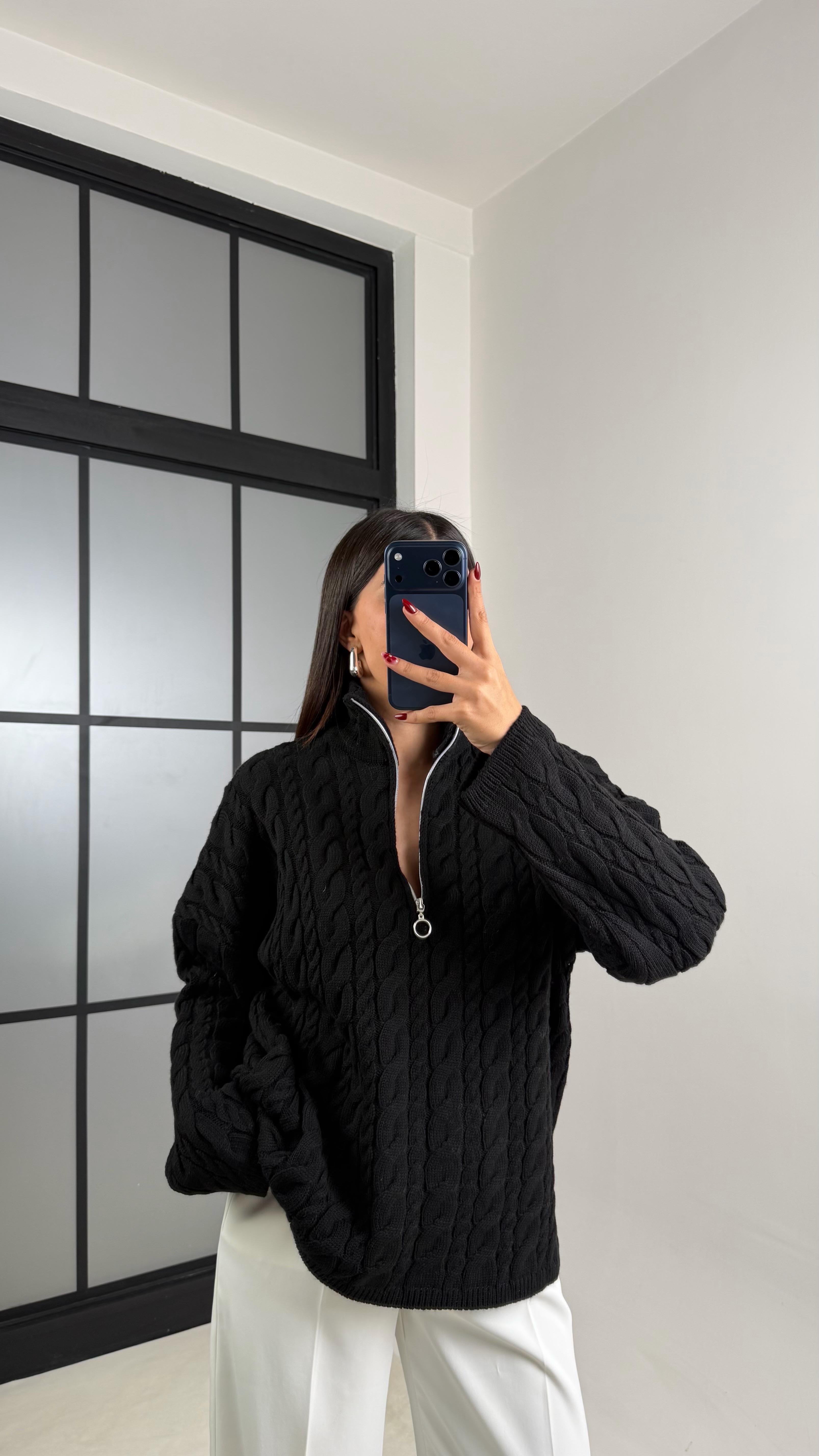 Siyah Fermuarlı Örgü Kazak GAUS-00213GAUS الكنزات GAUS-00213