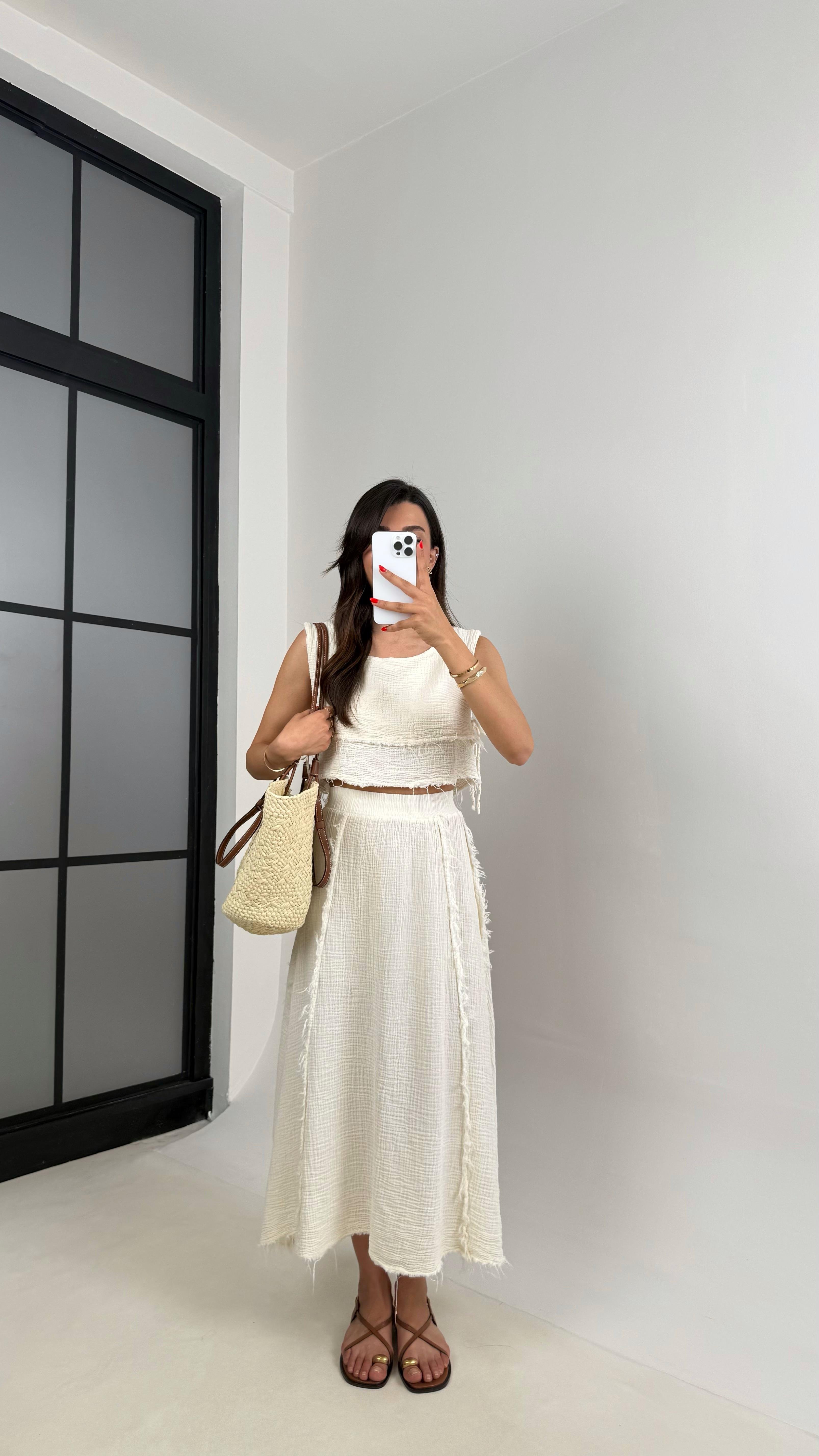 Ekru Püskül Detaylı Katlı Bluz Beli Lastikli Etek Müslin Takım Gaus00516GausTAKIMGU1002209