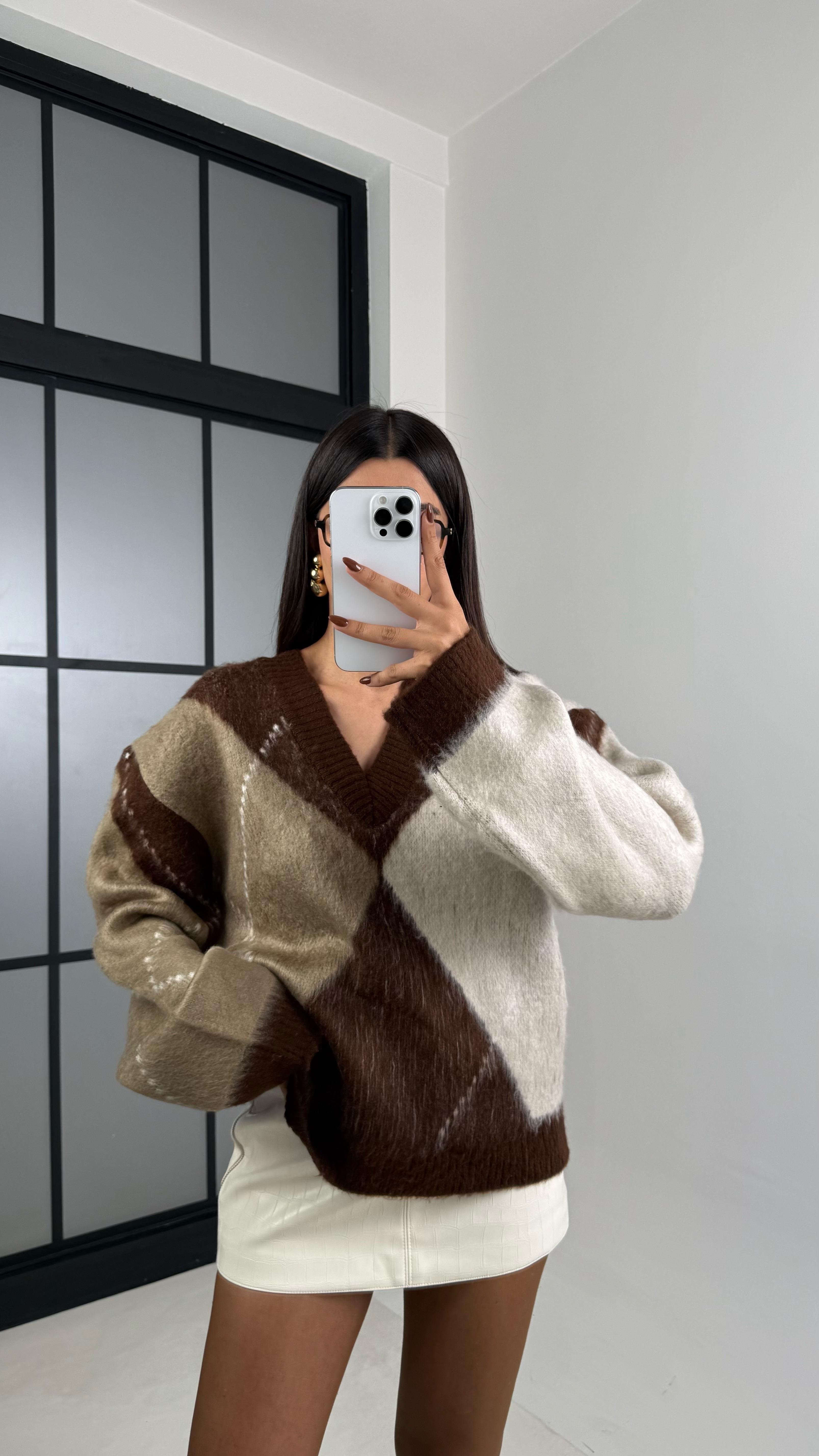 Acı Kahve Baklava Desenli Kazak GAUS-00201GAUS الكنزات GAUS-00201