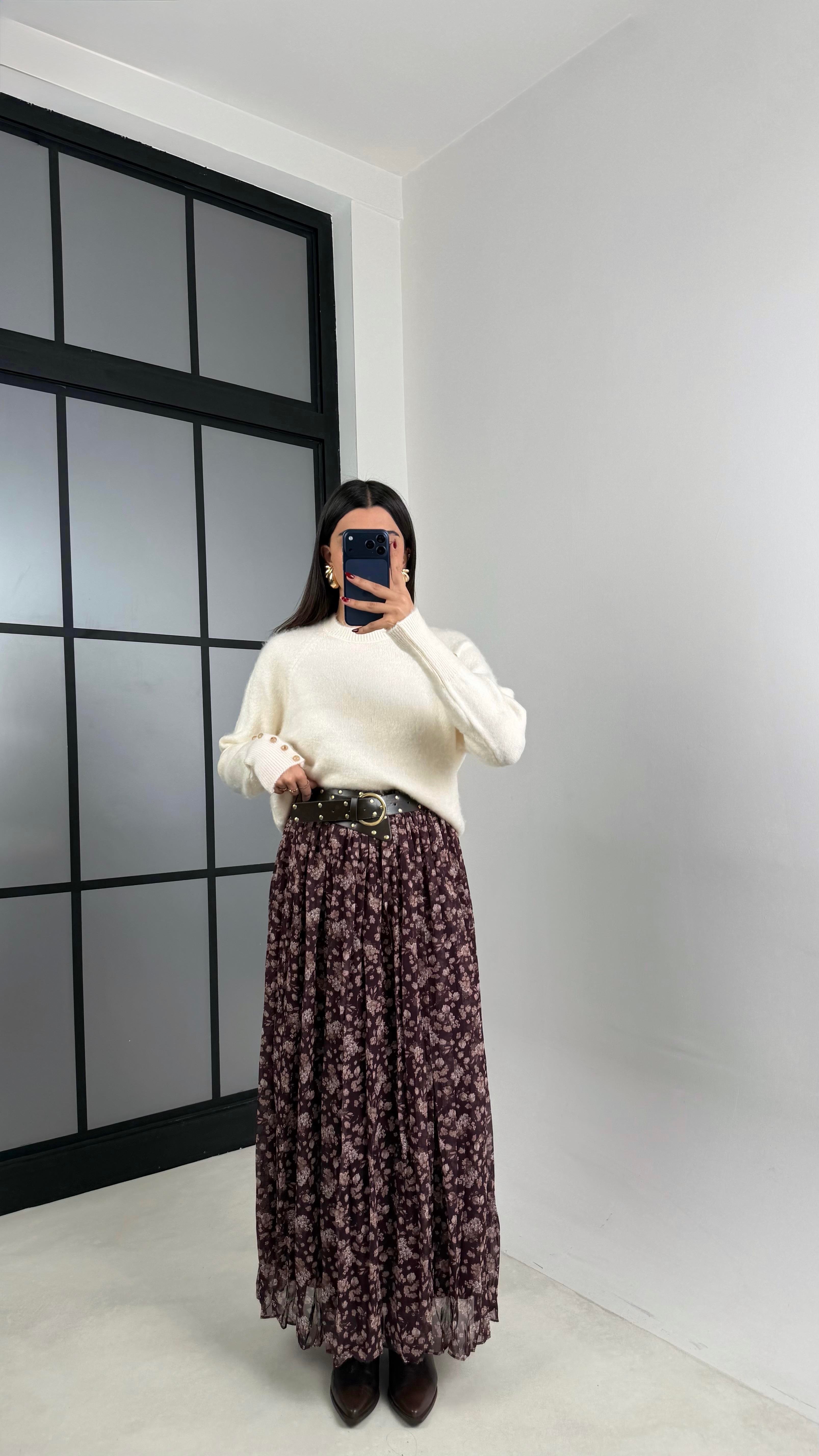 Mürdüm Çiçek Desenli Kemerli Astarlı Etek GAUS-00643GAUSETEKGAUS-00643